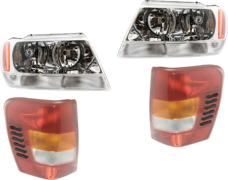 AM GRAND CHEROKEE 99-02 HEAD LAMP RH AND LH Assembly Halogen 4 pc Kit with Tail Lights Limited Overland Models SKU KIT 72413-07 Partslink CH2502120 CH2503120 CH2818132 CH2819132 OEM 55155552AI 55155553AI 55155139