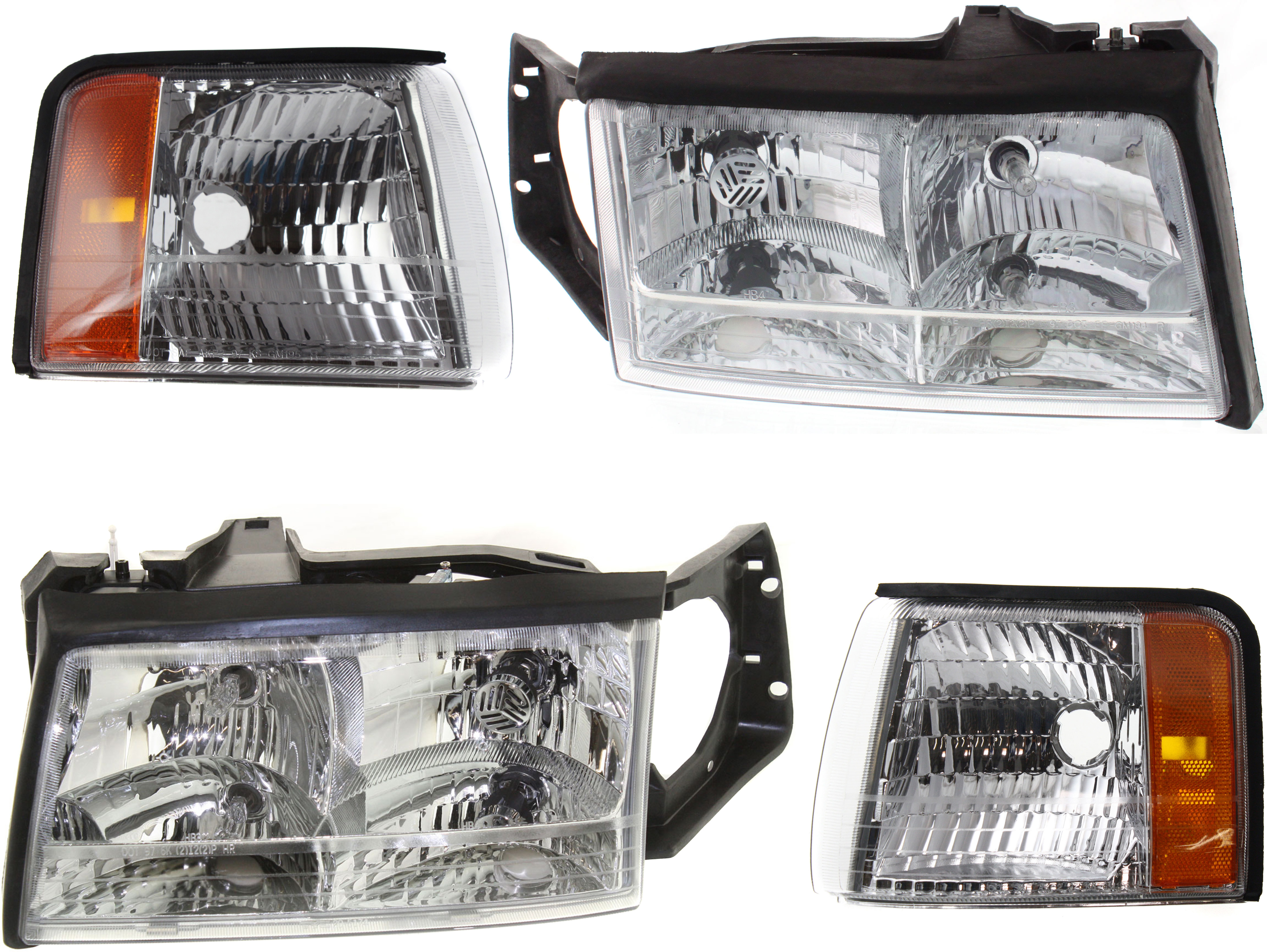 AM DEVILLE 97-99 HEAD LAMP RH AND LH Assembly Halogen 4 pc Kit with Corner Lights SKU KIT 73013-09 Partslink GM2503165 GM2502165 GM2540102 GM2541102 OEM 16526200-16526199-16522805-165