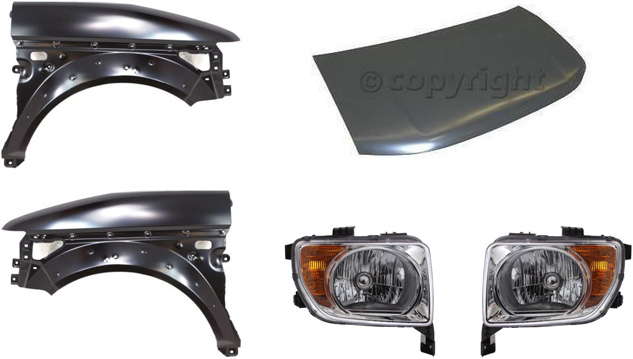 AM ELEMENT 03-05 HOOD 5 pc Kit with Fenders and Headlights SKU KIT 80115-43 Partslink HO1230142 HO1240161 HO1241161 HO2519106 OEM 60100SCVA90ZZ 60261SCVA91ZZ 60