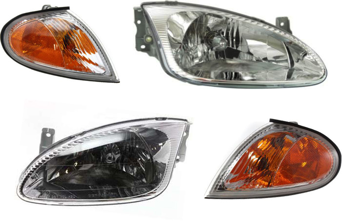 AM ELANTRA 99-00 HEAD LAMP RH AND LH with Bulbs 4 pc Kit with Corner Lights SKU KIT 80115-46 Partslink HY2503118 HY2503141 HY2502118 HY2502141 HY2520113 HY2521113 OEM 9210229550-9210229551-92101295