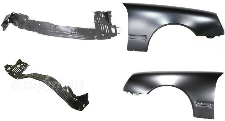 AM E CLASS 96-99 FRONT FENDER RH AND LH 4 pc kit with Fender Liners SKU KIT 80615-13 Partslink MB1240118 MB1241118 MB1250104 MB1251103 OEM 2108800318-2108800418-21069895