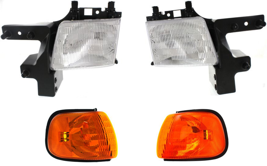 AM DODGE FULL SIZE VAN 98-03 HEAD LAMP RH AND LH with Bulbs 4 pc Kit with Corner Lights SKU KIT 80615-25 Partslink CH2503118 CH2502118 CH2520132 CH2521132 OEM 55076524AC 55076525AC 55076527
