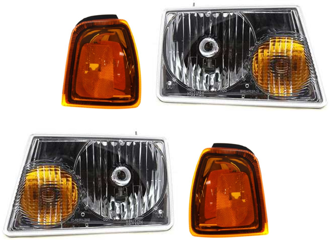 AM RANGER 01-05 HEAD LAMP RH AND LH Assembly Halogen 4 pc Kit with Corner Lights SKU KIT 81213-05 OEM 6L5Z13008AA 6L5Z13008BA 1L5Z15