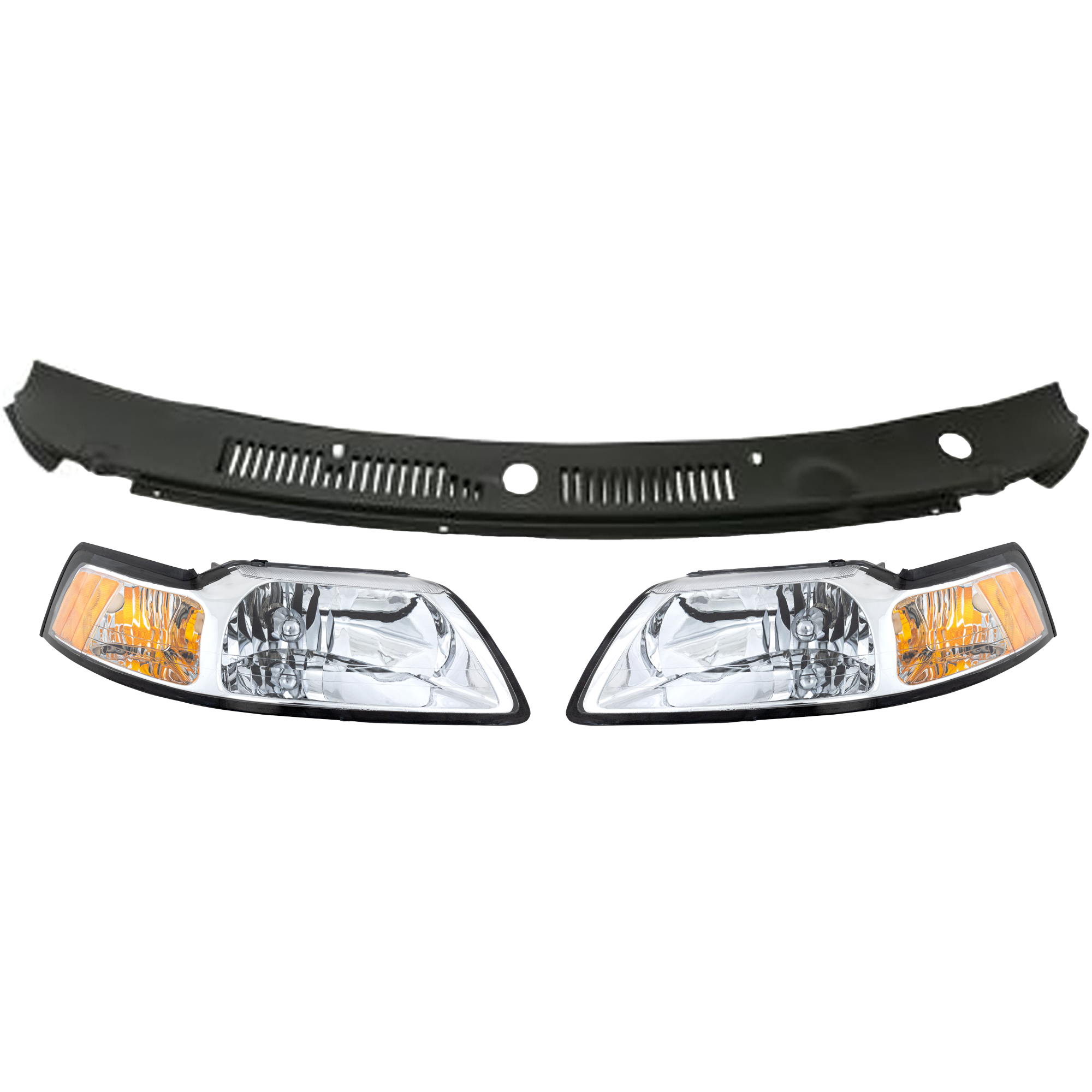 AM MUSTANG 01-04 COWL GRILLE 3 pc kit with Headlights SKU KIT 81213-06 Partslink FO1270102 FO2502160 FO2503160 OEM 3R3Z6302228AAA YR3Z13008BA YR3