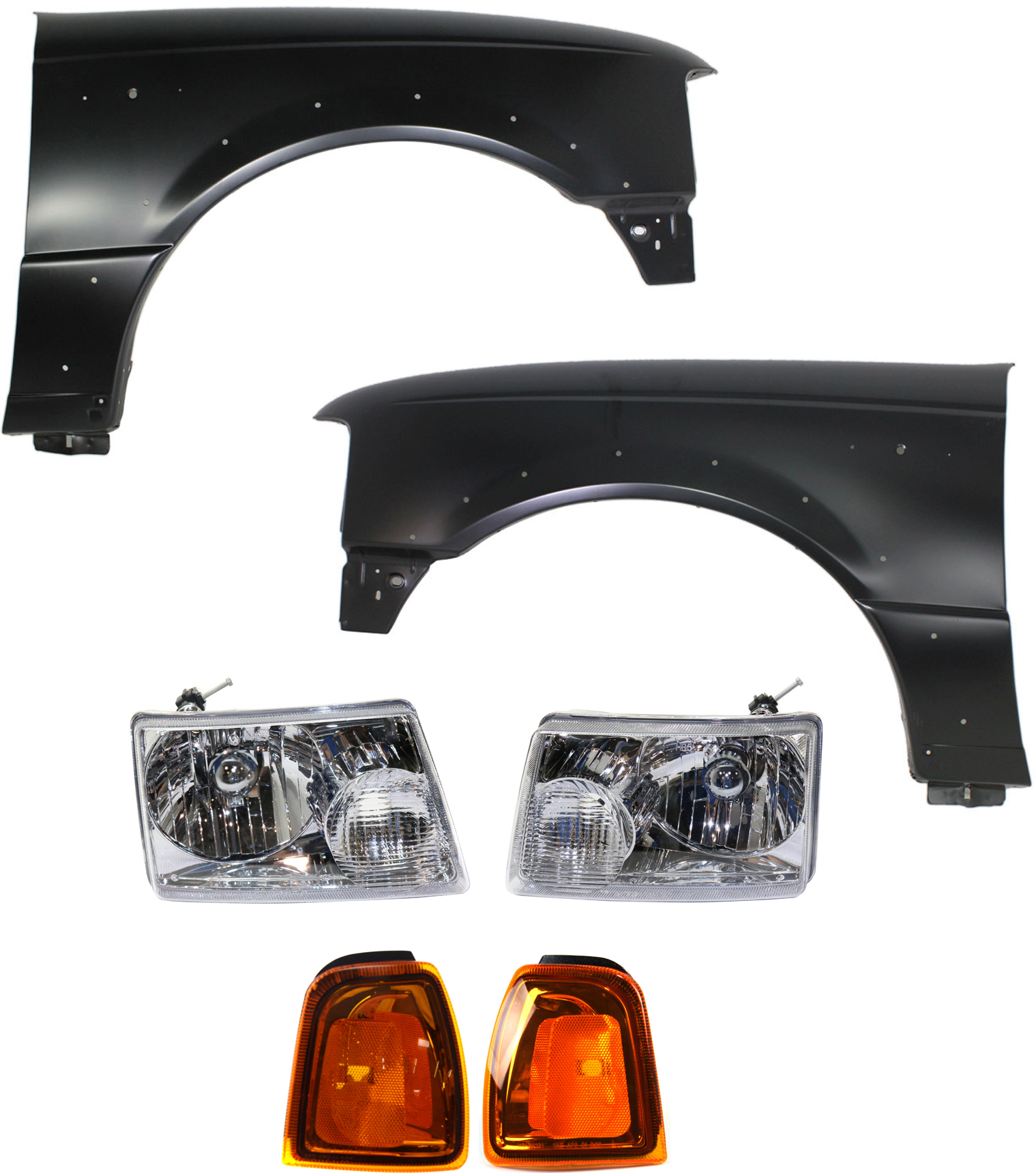 AM RANGER 04-05 FRONT FENDER RH AND LH 6 pc kit with Headlight and Corner Light SKU KIT 81313-01 Partslink FO1240238 FO1241238 FO2502173 FO2503173 OEM 5L5Z16005B 5L5Z16006B 1L5Z15A2