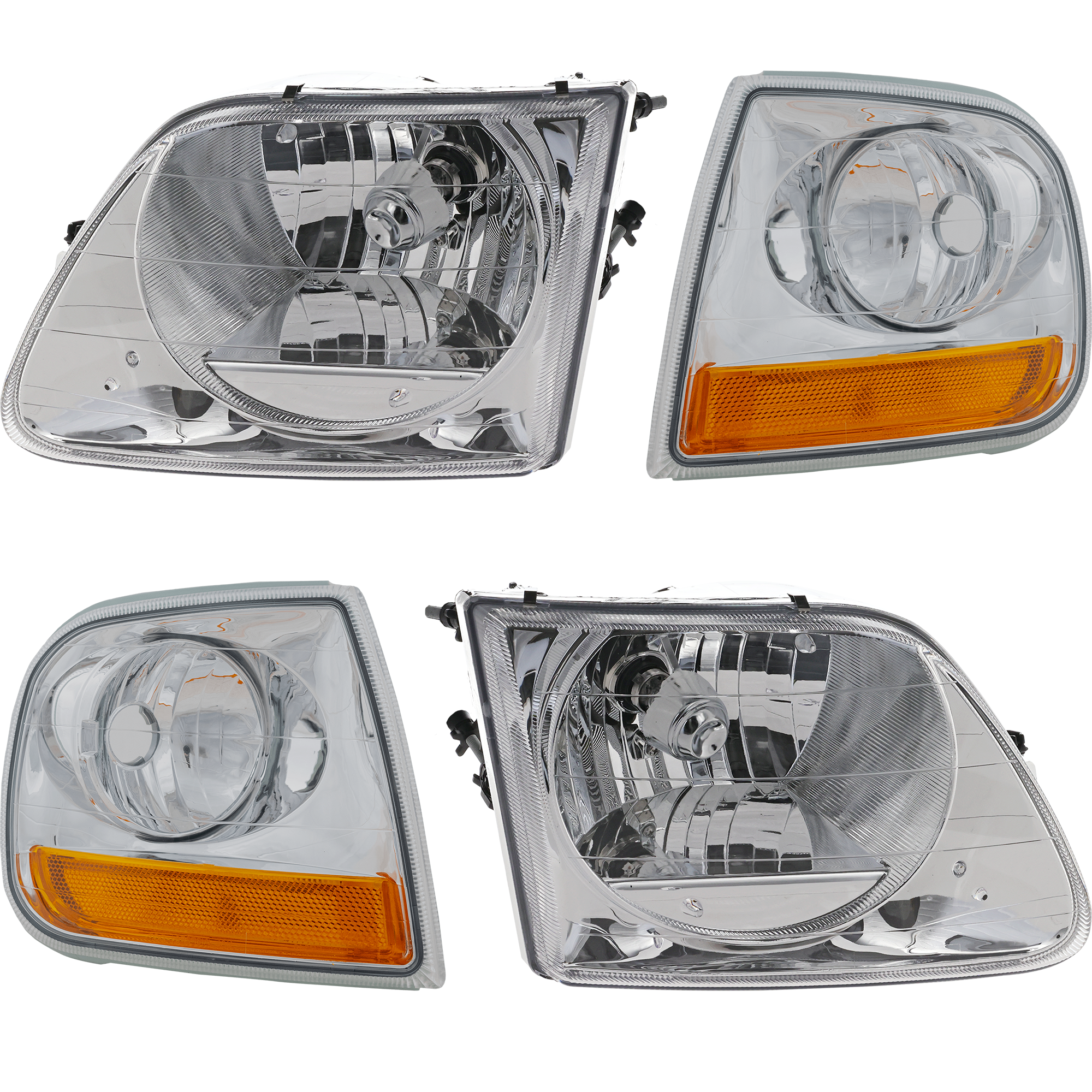 AM F SERIES 97-04 HEAD LAMP RH AND LH with Bulbs 4 pc Kit with Corner Lights SKU KIT 81313-04 Partslink FO2503182 FO2502182 FO2520170 FO2521170 OEM 3L3Z13008EA 3L3Z13008FA 1L3Z13