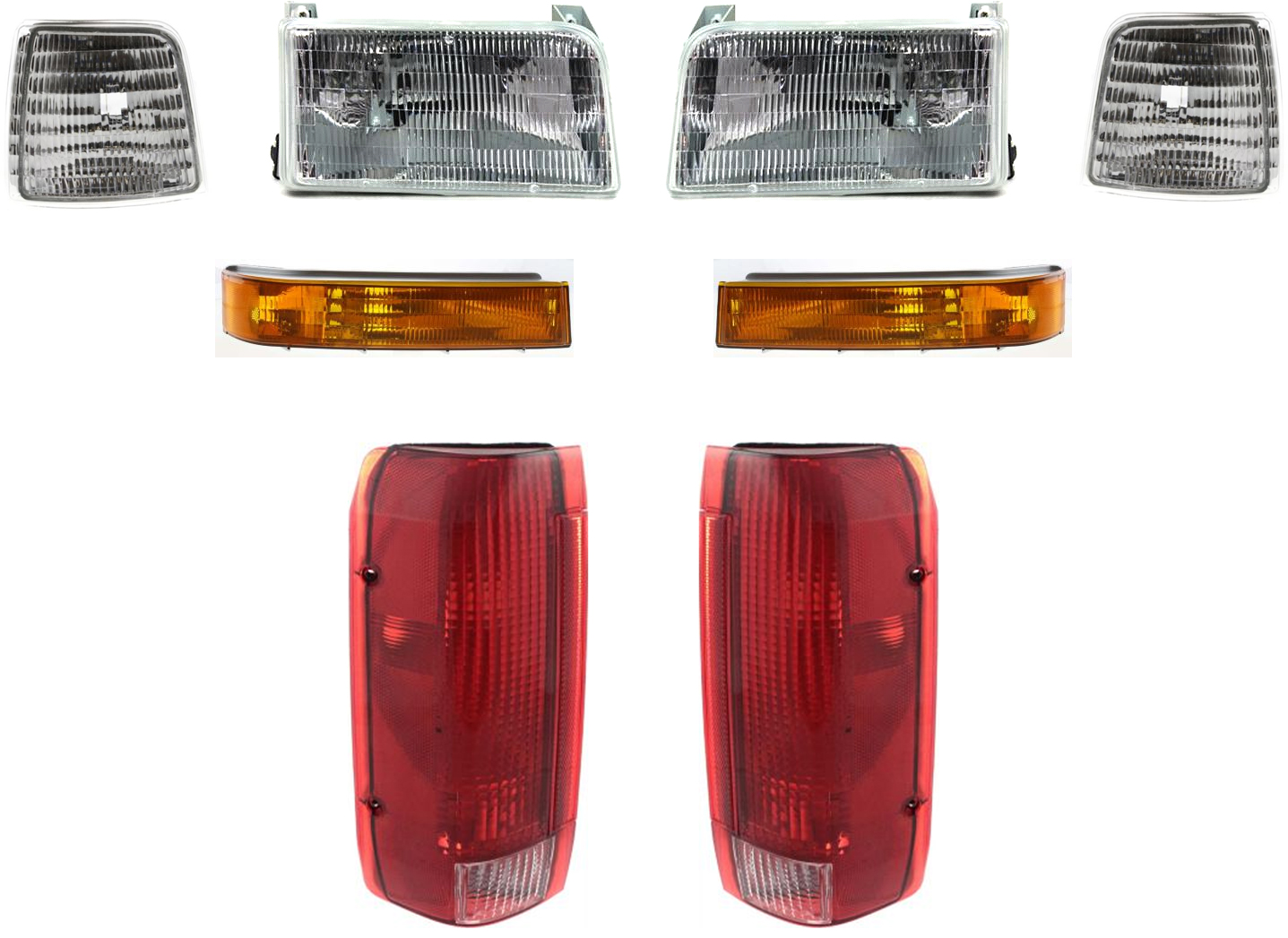 AM F SERIES 92-97 HEAD LAMP RH AND LH Assembly Halogen 8 pc Kit with Corner Lights Tail Lights and Turn Signal Lights SKU KIT 81313-08 Partslink FO2503114 FO2502118 FO2550110 FO2551108 FO2800106 FO2801105 FO2520116 FO2521114 OEM F2TZ13008A F2TZ13008B F2TZ15A2