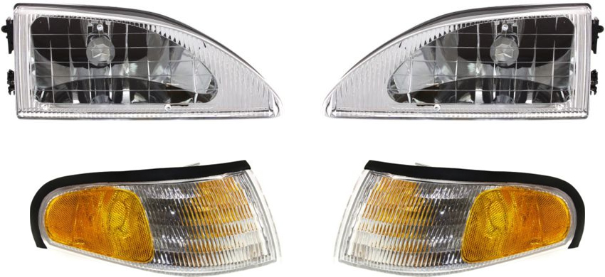 AM MUSTANG 94-98 HEAD LAMP RH AND LH with Bulbs 4 pc Kit with Corner Lights SKU KIT 81313-13 Partslink FO2503161 FO2502161 FO2520125 FO2521125 OEM F4ZZ13008C F4ZZ13008D F4ZZ1320