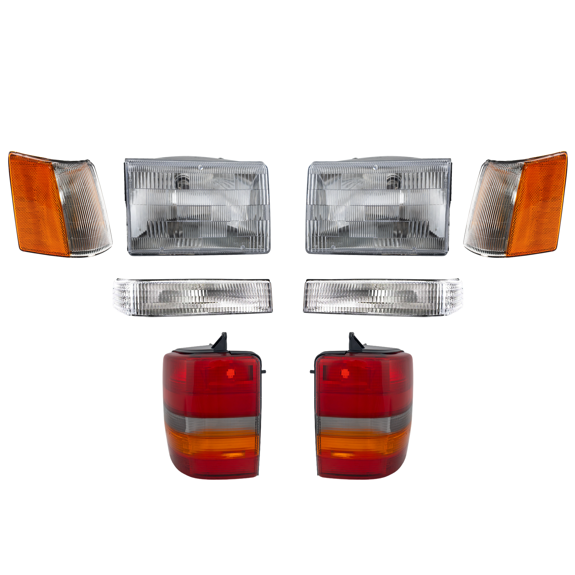AM GRAND CHEROKEE 93-96 TAIL LAMP RH AND LH 8 pc Kit with Headlight Turn Signal Light and Corner Light SKU KIT 81313-16 Partslink CH2801121 CH2800121 CH2520121 CH2521121 CH2502104 CH2503104 CH2520128 CH2521128 OEM 55155738AA 55155739AA 56005105