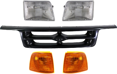 AM RANGER 95-97 HEAD LAMP RH AND LH with Bulbs 5 pc Kit with Corner Lights and Grille Assembly SKU KIT 81313-21 Partslink FO2503115 FO2502119 FO2520118 FO2521116 FO1200309 OEM F37Z13008A F37Z13008B F37Z1320