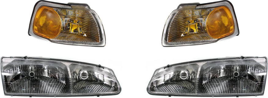 AM COUGAR THUNDERBIRD 96-97 HEAD LAMP RH AND LH with Bulbs 4 pc Kit with Corner Lights SKU KIT 81313-22 Partslink FO2503136 FO2502136 FO2520131 FO2521131 OEM F6SZ13008AJ F6SZ13008BJ F6SZ13