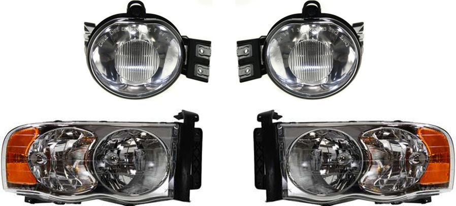 AM DODGE FULL SIZE PICKUP 02-05 HEAD LAMP RH AND LH Assembly Halogen 4 pc Kit with Fog Lights SKU KIT 81313-23 Partslink CH2502135 CH2502161 CH2503135 CH2503161 CH2592121 CH2593121 OEM 55077120AF 55077120AG 55077121