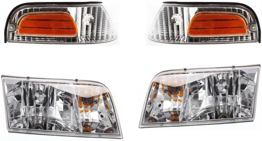 AM CROWN VICTORIA 98-11 HEAD LAMP RH AND LH Assembly Halogen 4 pc Kit with Corner Lights SKU KIT 81313-29 Partslink FO2502200 FO2503200 FO2520147 FO2521147 OEM 4W7Z13008A 4W7Z13008B XW7Z15A2