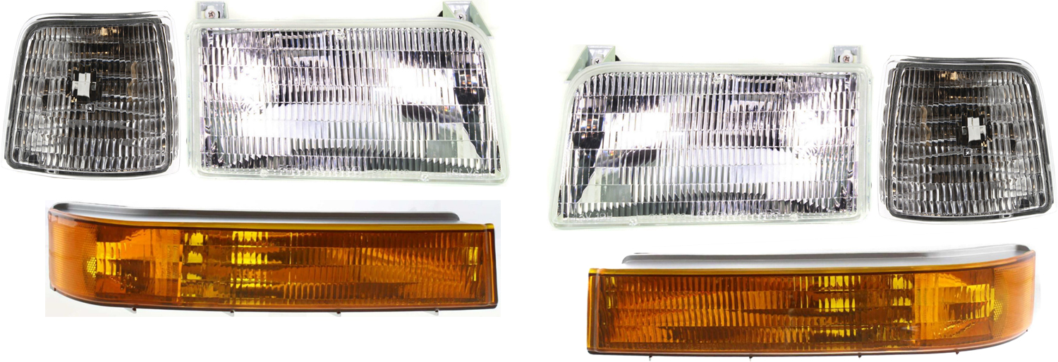 AM F SERIES 92-97 HEAD LAMP RH AND LH Assembly Halogen 6 pc Kit with Corner Lights and Turn Signal Lights SKU KIT 81313-31 Partslink FO2503114 FO2502118 FO2550110 FO2551108 FO2520116 FO2521114 OEM F2TZ13008A F2TZ13008B F2TZ15A2