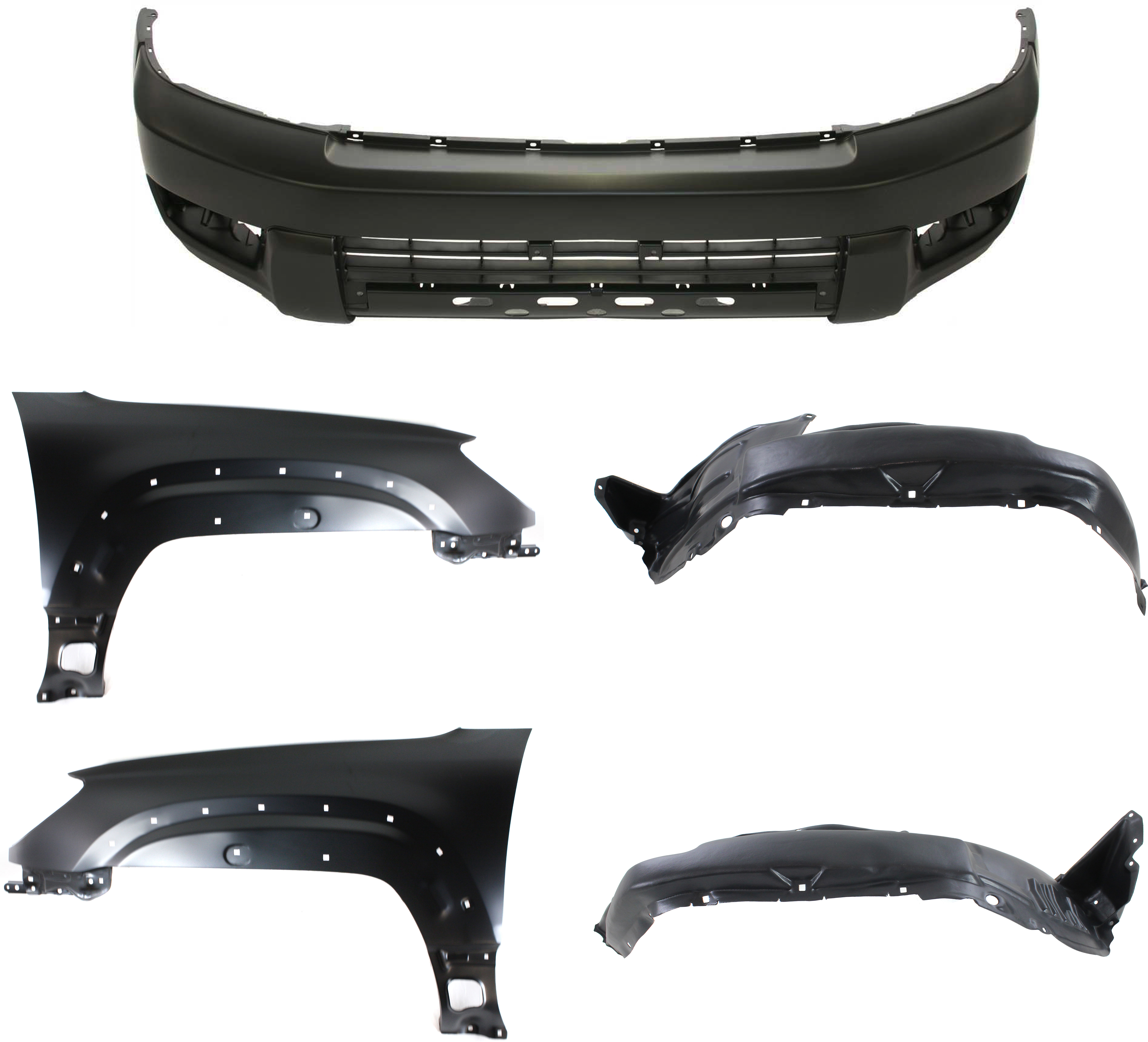 AM 4RUNNER 03-05 FRONT BUMPER COVER Primed 5 pc Kit with Fender Liners and Fenders SKU KIT 81915-01 Partslink TO1000260 TO1240197 TO1241197 TO1250109 TO1251109 OEM 5211935901-5380235620-53801355