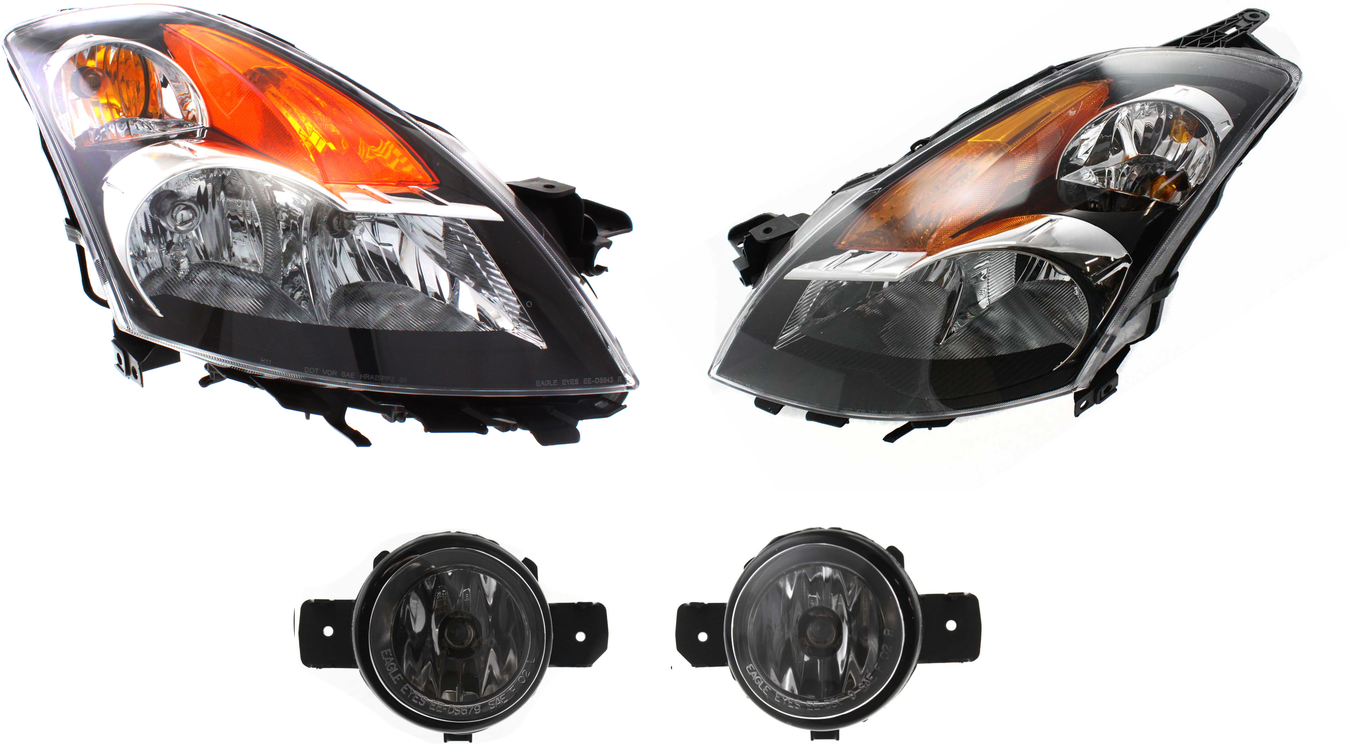 AM ALTIMA 07-09 HEAD LAMP RH AND LH Assembly Halogen 4 pc Kit with Fog Lights SKU KIT 90115-25 Partslink NI2502187 NI2503187 NI2592122 NI2592117 NI2593122 NI2593117 OEM 26010JA00B 26060JA00B 261559B9