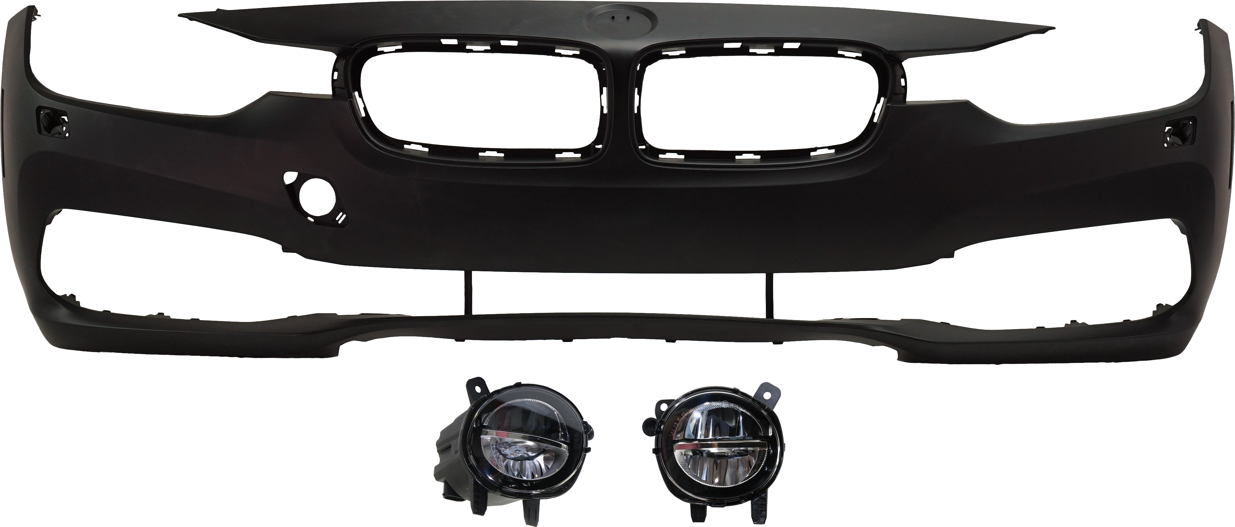 AM 3 SERIES 16-19 FRONT BUMPER COVER Primed 3 pc Kit with Fog Lights SKU KIT BCFL 0014 Partslink BM1000456 BM2592153 BM2593153 OEM 51117445141-63177315559-631773