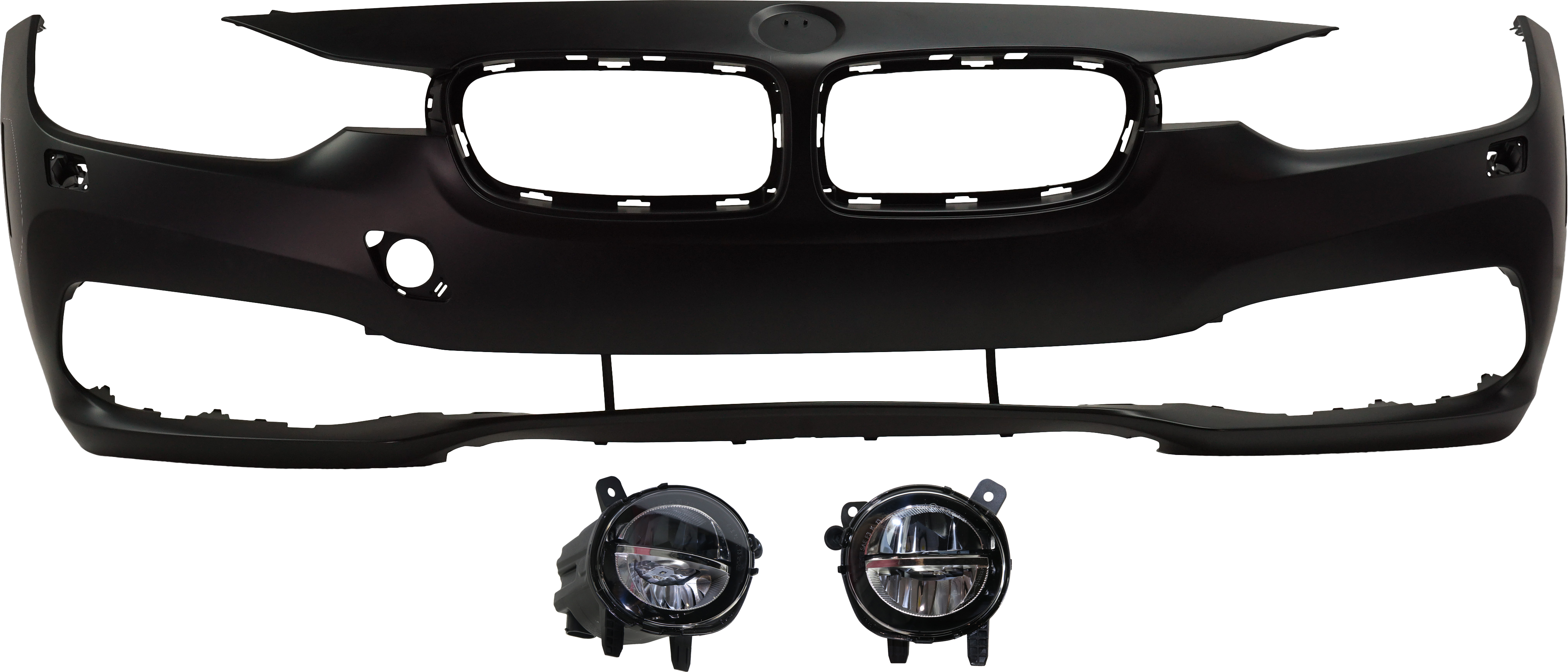 AM 3 SERIES 16-19 FRONT BUMPER COVER Primed 3 pc Kit with Fog Lights SKU KIT BCFL 0016 Partslink BM1000428 BM2592153 BM2593153 OEM 51117445133-63177315559-631773