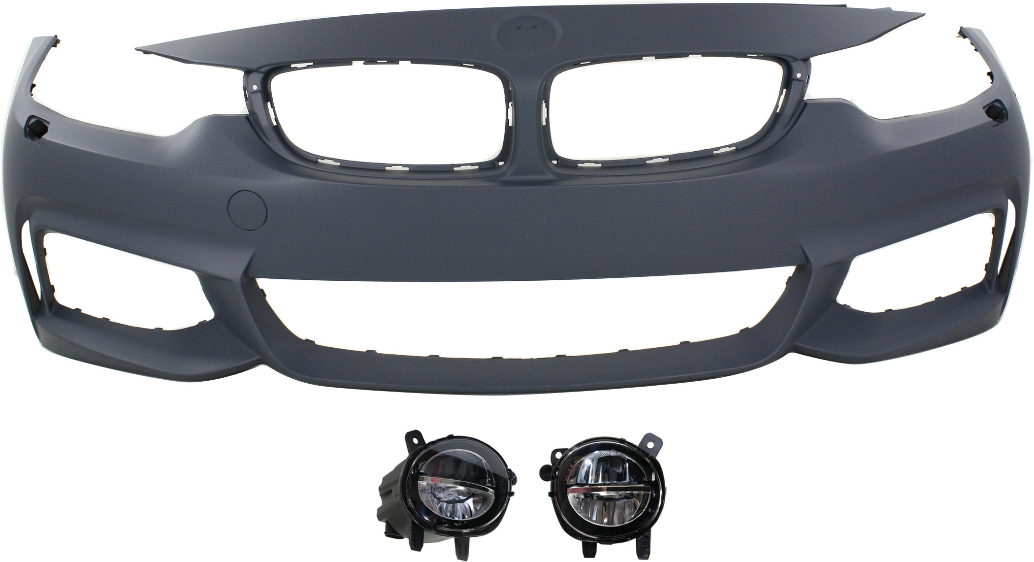 AM 4 SERIES 14-20 FRONT BUMPER COVER Primed 3 pc Kit with Fog Lights SKU KIT BCFL 0043 Partslink BM1000341 BM2592153 BM2593153 OEM 51118060886-63177315559-631773
