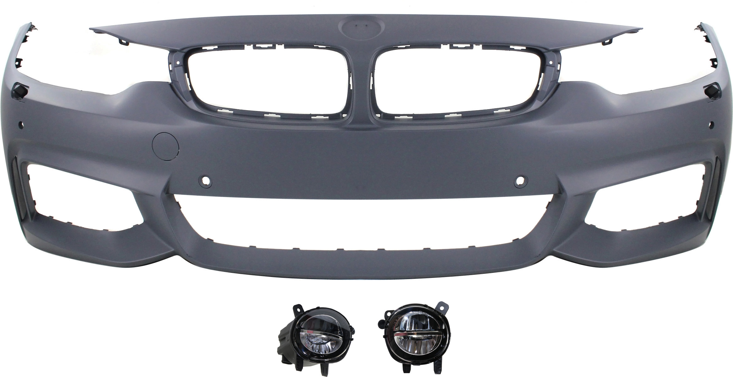 AM 4 SERIES 14-20 FRONT BUMPER COVER Primed 3 pc Kit with Fog Lights SKU KIT BCFL 0045 Partslink BM1000343 BM2592153 BM2593153 OEM 51118061928-63177315559-631773