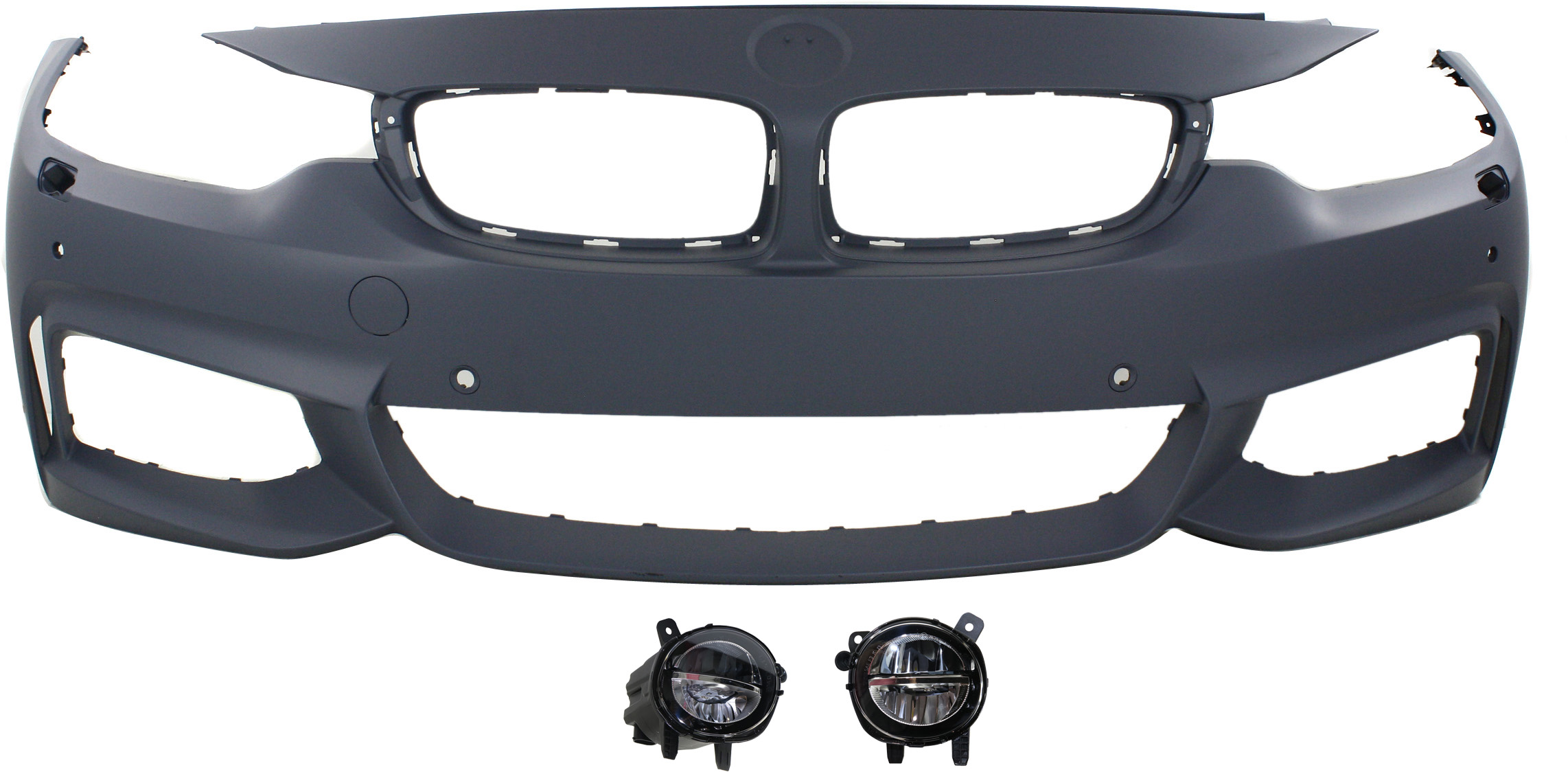 AM 4 SERIES 14-20 FRONT BUMPER COVER Primed 3 pc Kit with Fog Lights SKU KIT BCFL 0049 Partslink BM1000345 BM2592153 BM2593153 OEM 51118061935-63177315559-631773