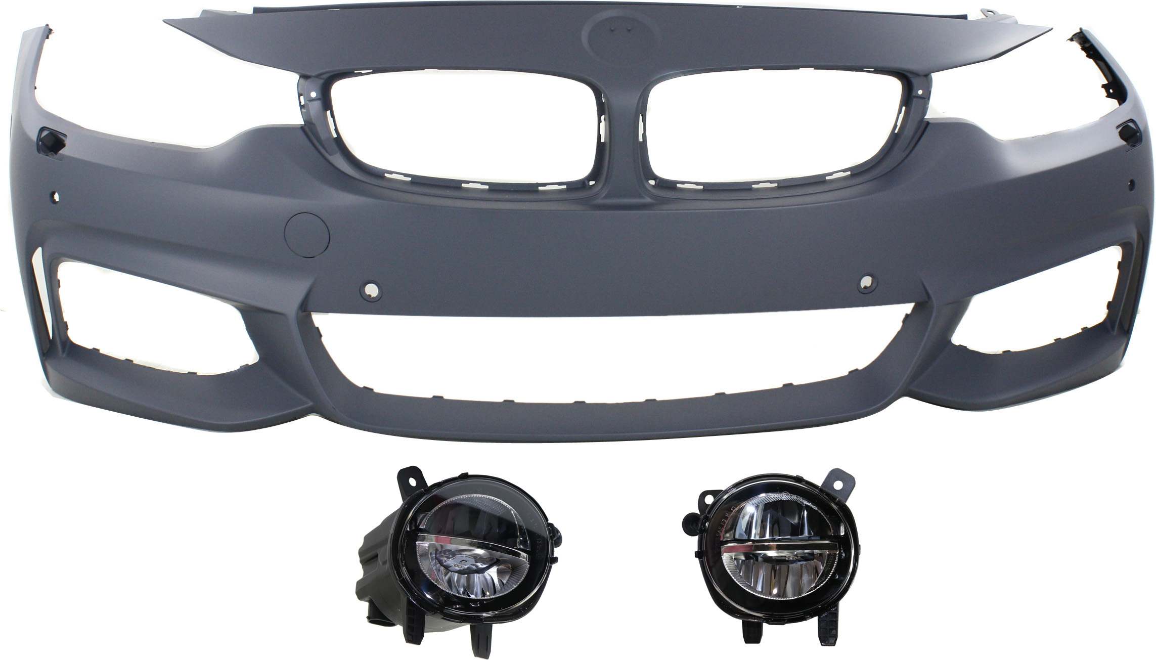 AM 4 SERIES 14-20 FRONT BUMPER COVER Primed 3 pc Kit with Fog Lights SKU KIT BCFL 0051 Partslink BM1000344 BM2592153 BM2593153 OEM 51118060887-63177315559-631773