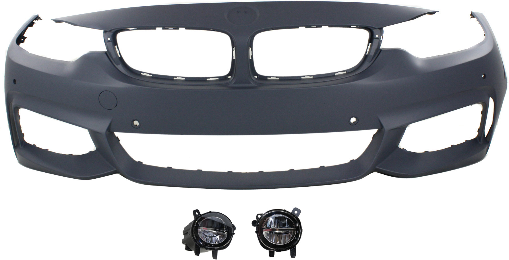 AM 4 SERIES 14-20 FRONT BUMPER COVER Primed 3 pc Kit with Fog Lights SKU KIT BCFL 0054 Partslink BM1000338 BM2592153 BM2593153 OEM 51118061927-63177315559-631773