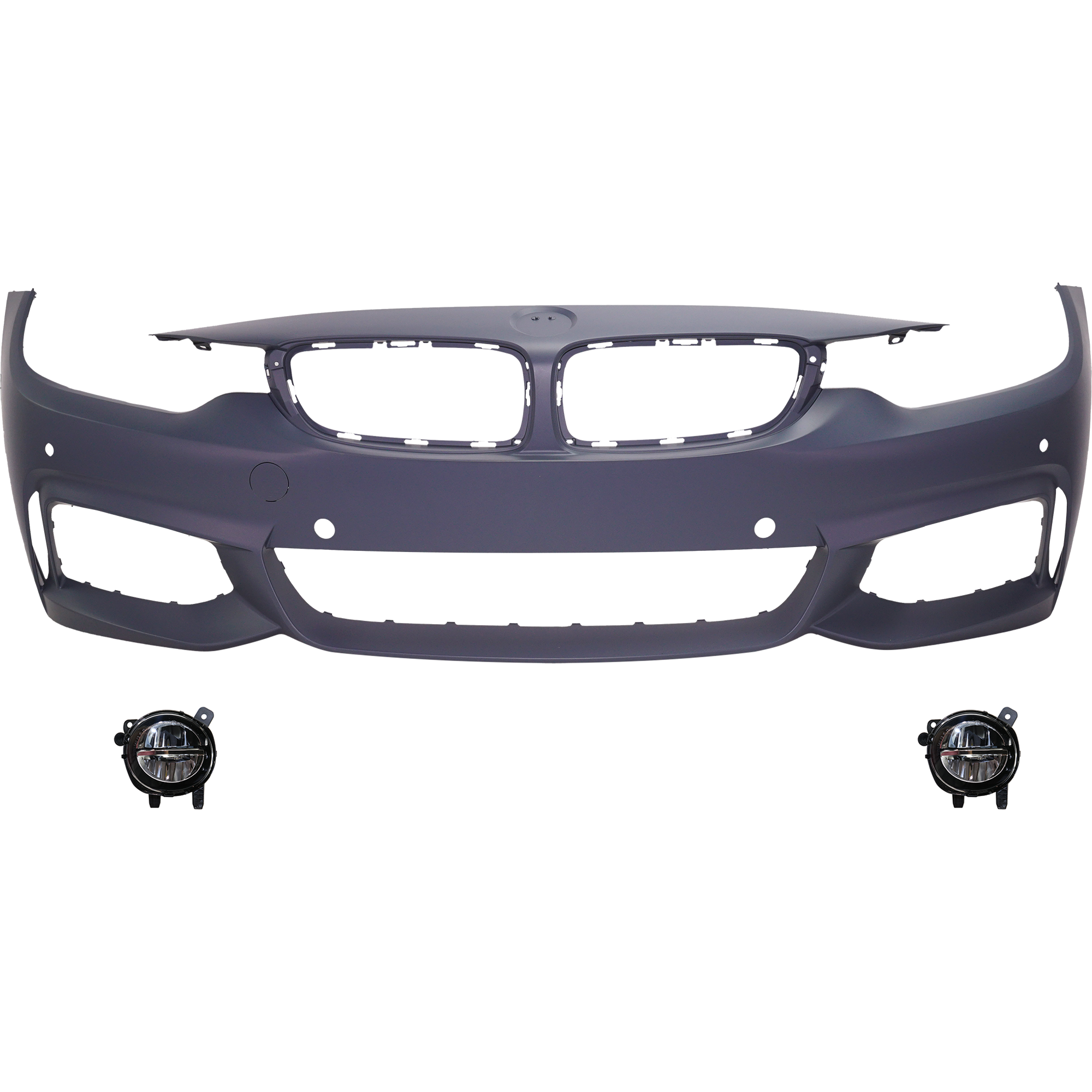 AM 4 SERIES 14-20 FRONT BUMPER COVER Primed 3 pc Kit with Fog Lights SKU KIT BCFL 0055 Partslink BM1000337 BM2592153 BM2593153 OEM 51118060883-63177315559-631773