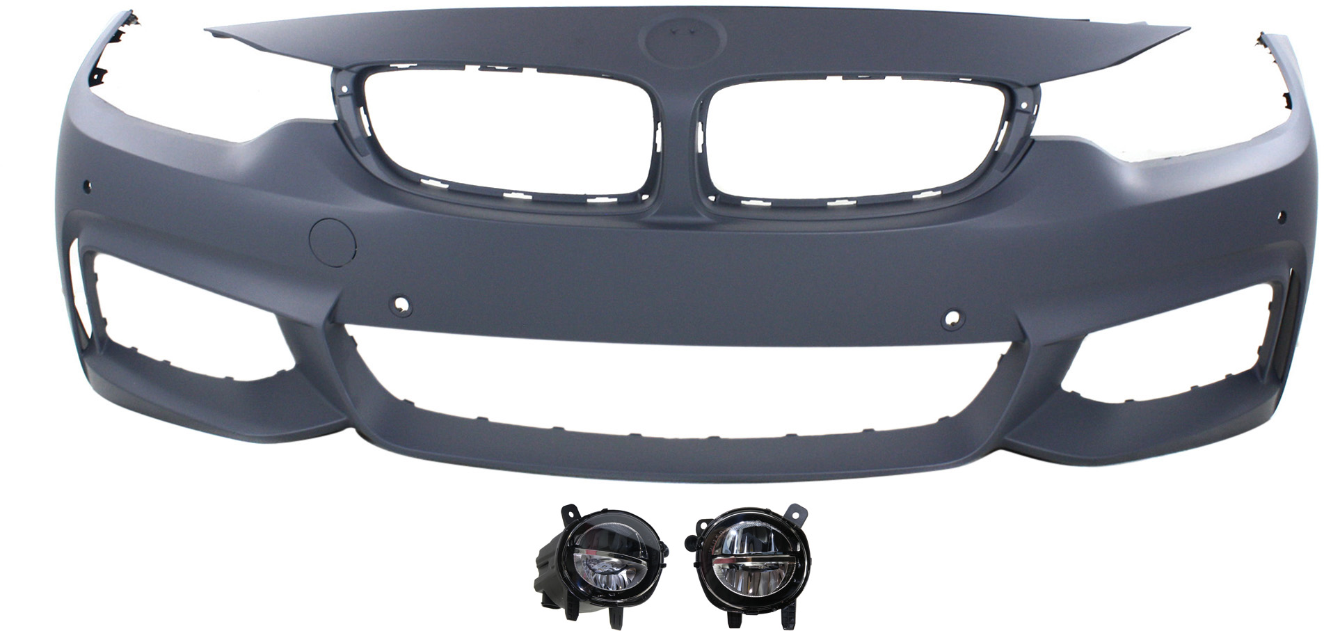 AM 4 SERIES 14-20 FRONT BUMPER COVER Primed 3 pc Kit with Fog Lights SKU KIT BCFL 0056 Partslink BM1000340 BM2592153 BM2593153 OEM 51118061929-63177315559-631773