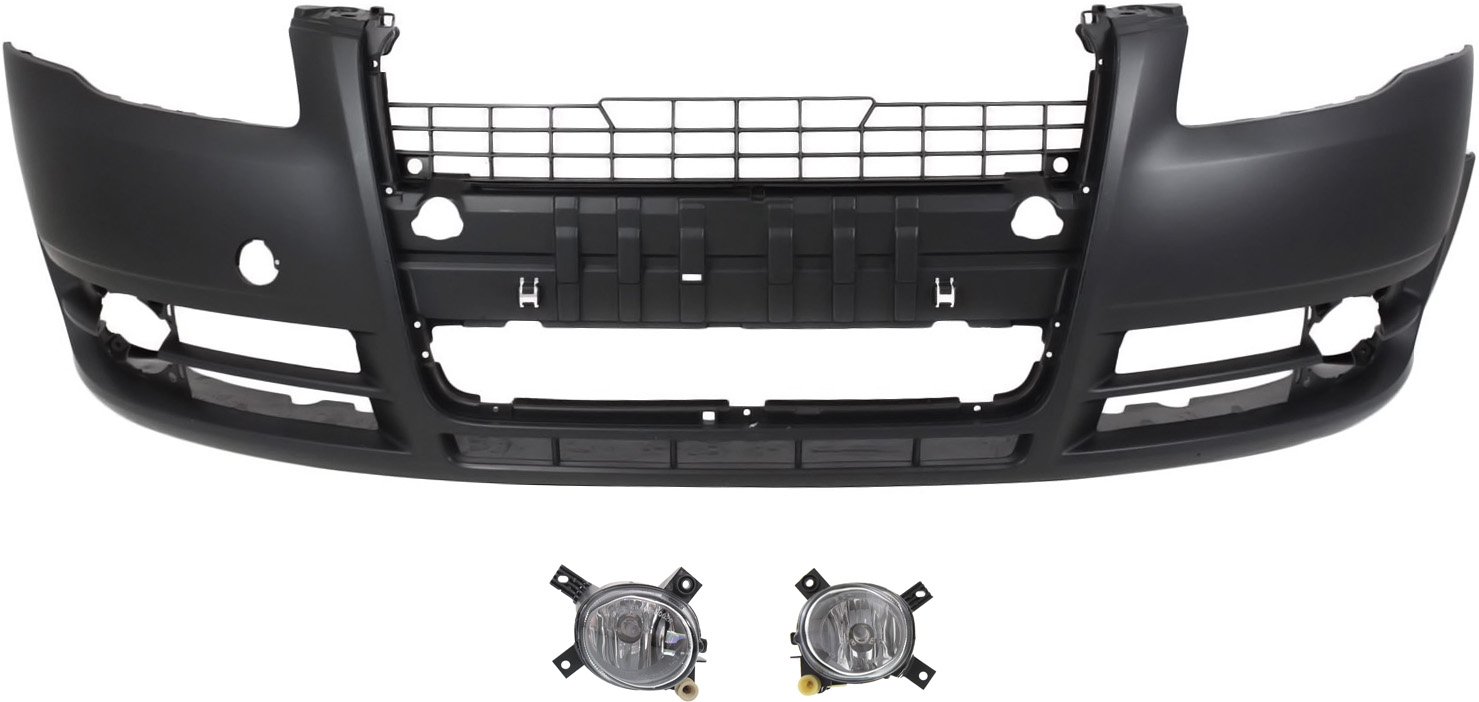AM A4-05-09 FRONT BUMPER COVER Primed 3 pc Kit with Fog Lights SKU KIT BCFL 0067 Partslink AU1000142 AU2592112 AU2593112 OEM 8E0807105NGRU 8E0941699E 8E094
