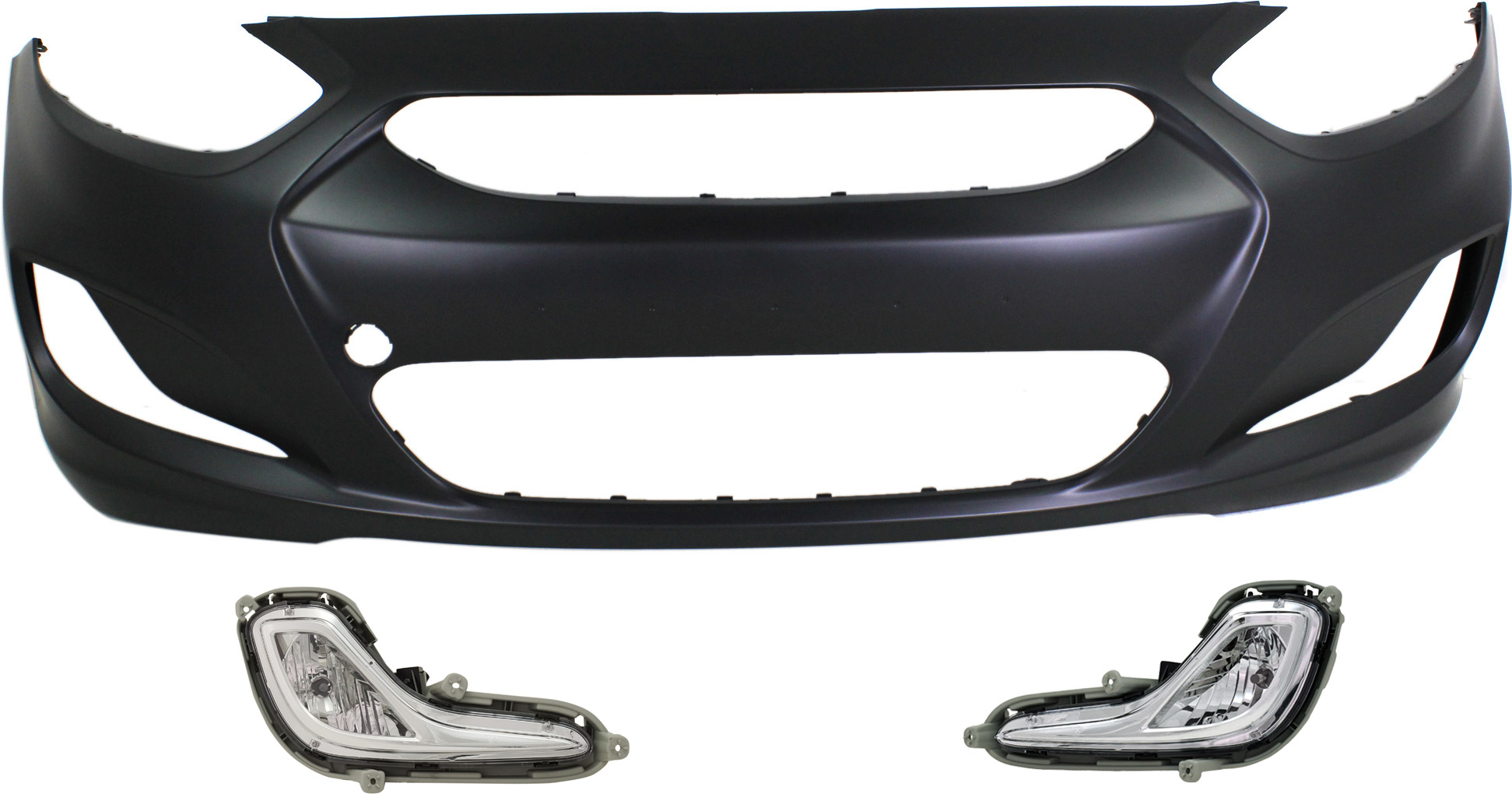 AM ACCENT 12-14 FRONT BUMPER COVER Primed 3 pc Kit with Fog Lights SKU KIT BCFL 0076 Partslink HY1000188 HY2592139 HY2593139 OEM 865111R000-922011R010-922021R0