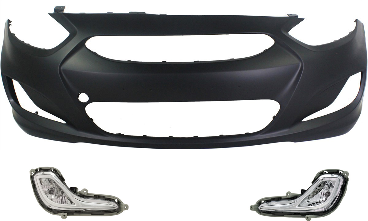 AM ACCENT 12-14 FRONT BUMPER COVER Primed 3 pc Kit with Fog Lights CAPA SKU KIT BCFL 0077 Partslink HY1000188C HY2592139 HY2593139 OEM 865111R000-922011R010-922021R0