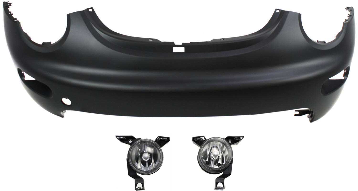 AM BEETLE 01-05 FRONT BUMPER COVER Primed 3 pc Kit with Fog Lights SKU KIT BCFL 0114 Partslink VW1000139 VW2592107 VW2593107 OEM 1C0807221EGRU 1C0941699B 1C094