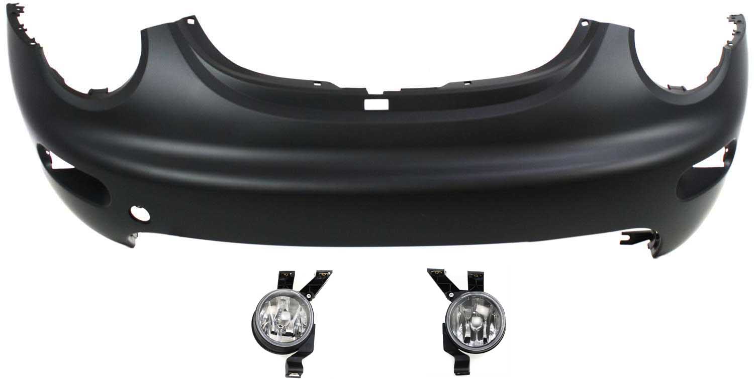 AM BEETLE 99-00 FRONT BUMPER COVER Primed 3 pc Kit with Fog Lights SKU KIT BCFL 0116 Partslink VW1000139 VW2592102 VW2593102 OEM 1C0807221EGRU 1C0941699A 1C094