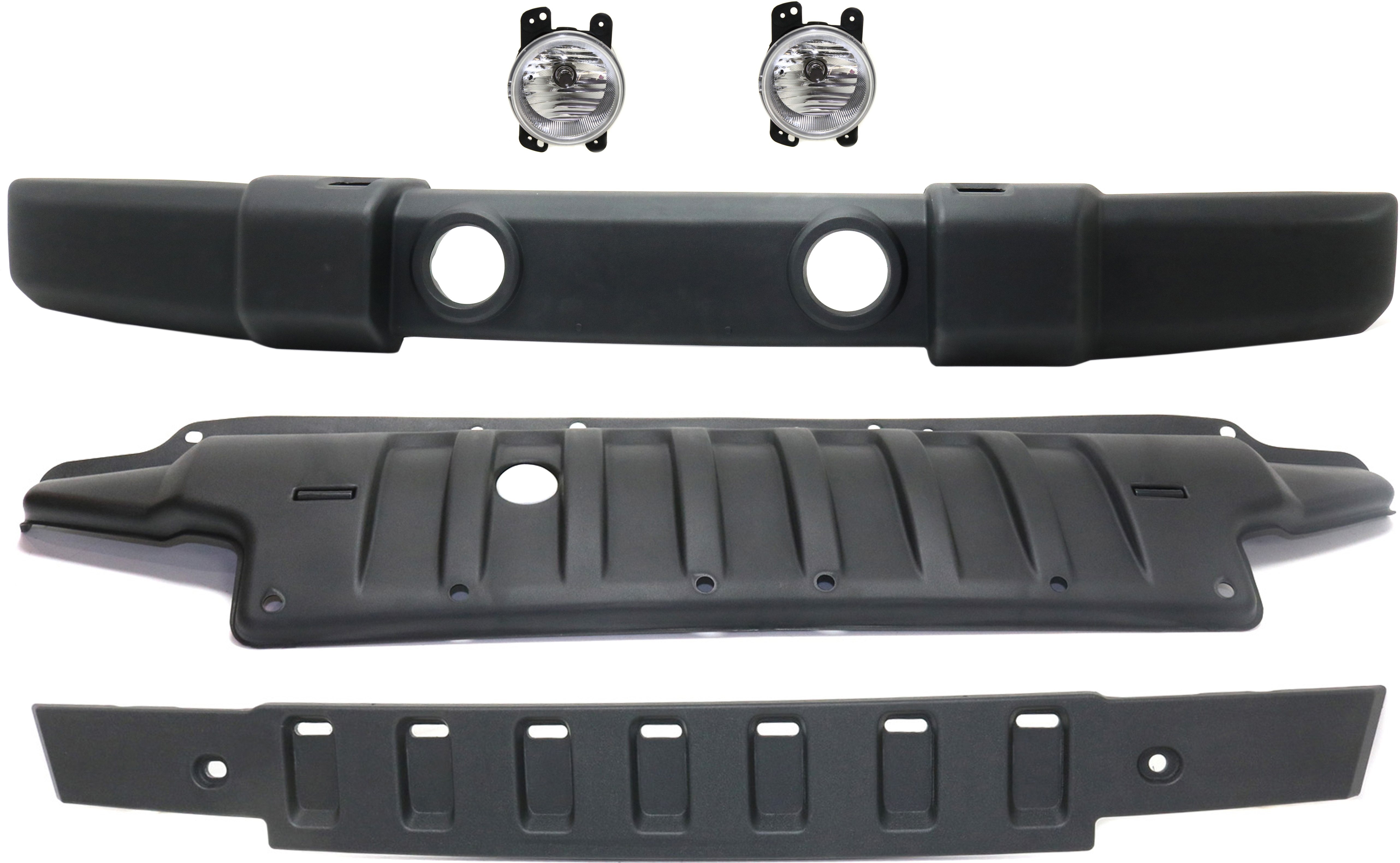 AM WRANGLER 07-09 FRONT BUMPER COVER Textured 5 pc Kit with Bumper Trim Fog Lights and Valance SKU KIT BCFL 0133 Partslink CH1000900 CH1087124 CH2590109 CH1090154 OEM 1FN67RXFAA 1BE94RXFAC 4805856A