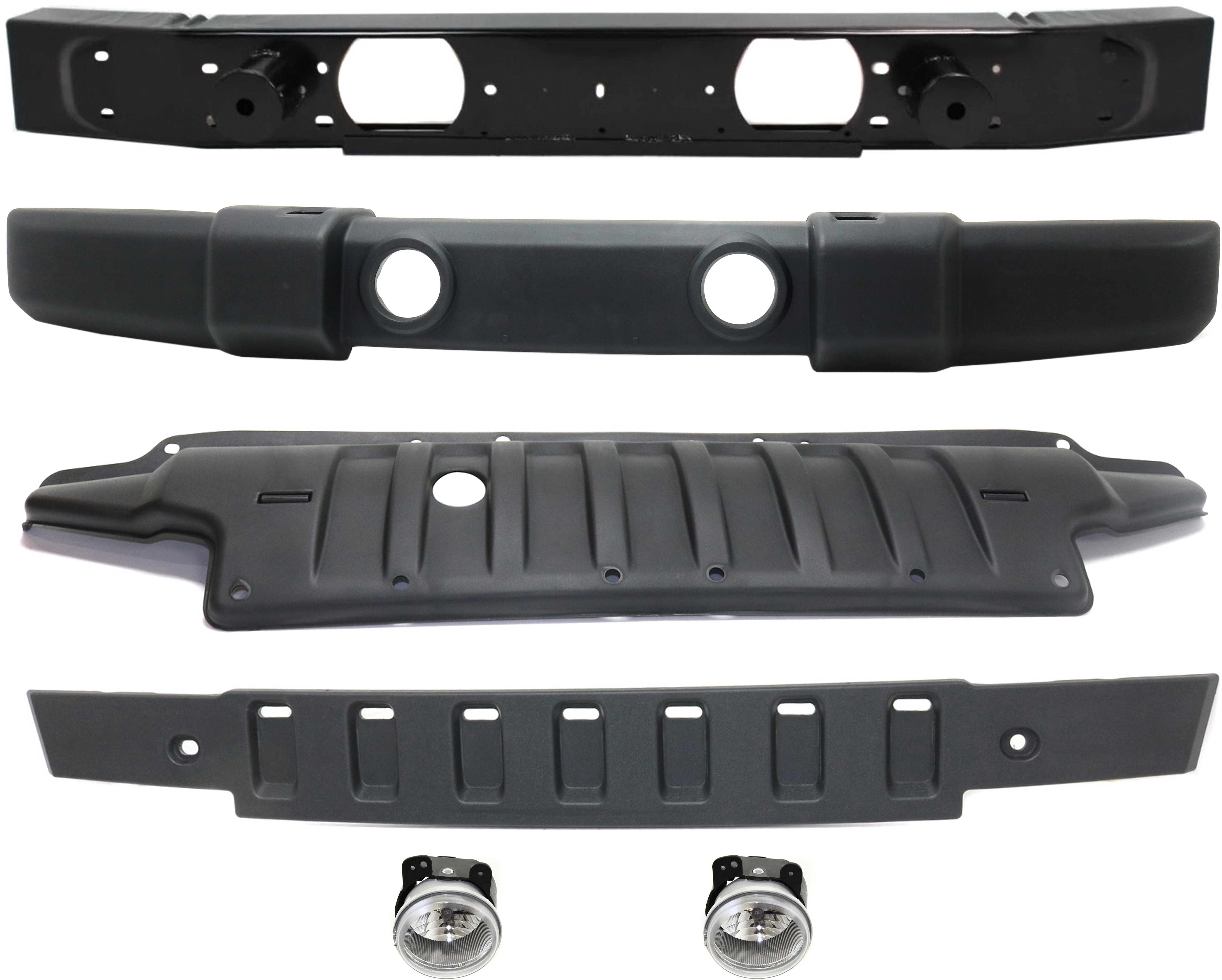 AM WRANGLER 07-09 FRONT BUMPER COVER 6 pc Kit Textured with Bumper Reinforcement Valance Bumper Trim and Fog Lights SKU KIT BCFL 0134 Partslink CH1000900 CH1006212 CH1087124 CH2590109 CH1090154 OEM 1FN67RXFAA 68003322AB 1BE94RXF