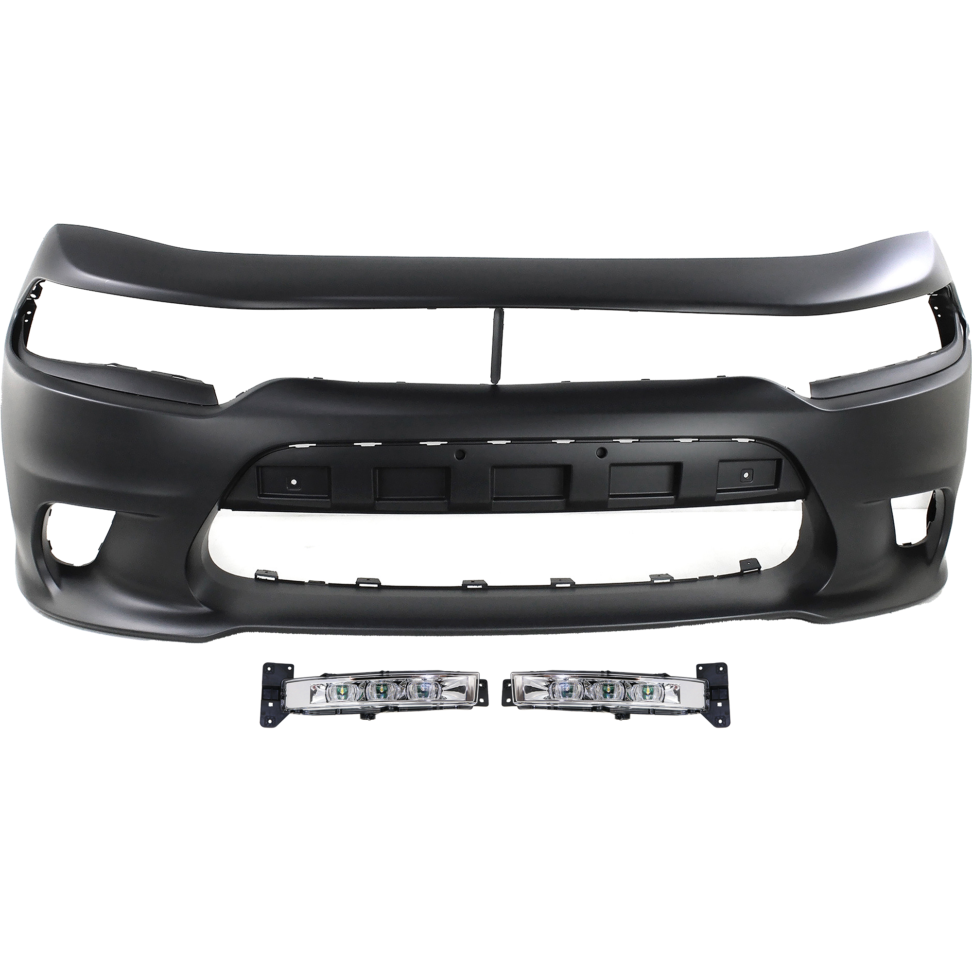 AM CHARGER 15-23 FRONT BUMPER COVER 3 pc Kit Primed with Fog Lights SKU KIT BCFL 0173 Partslink CH1000A23 CH2592151 CH2593151 OEM 5PP39TZZAE 68214427AB 68214428