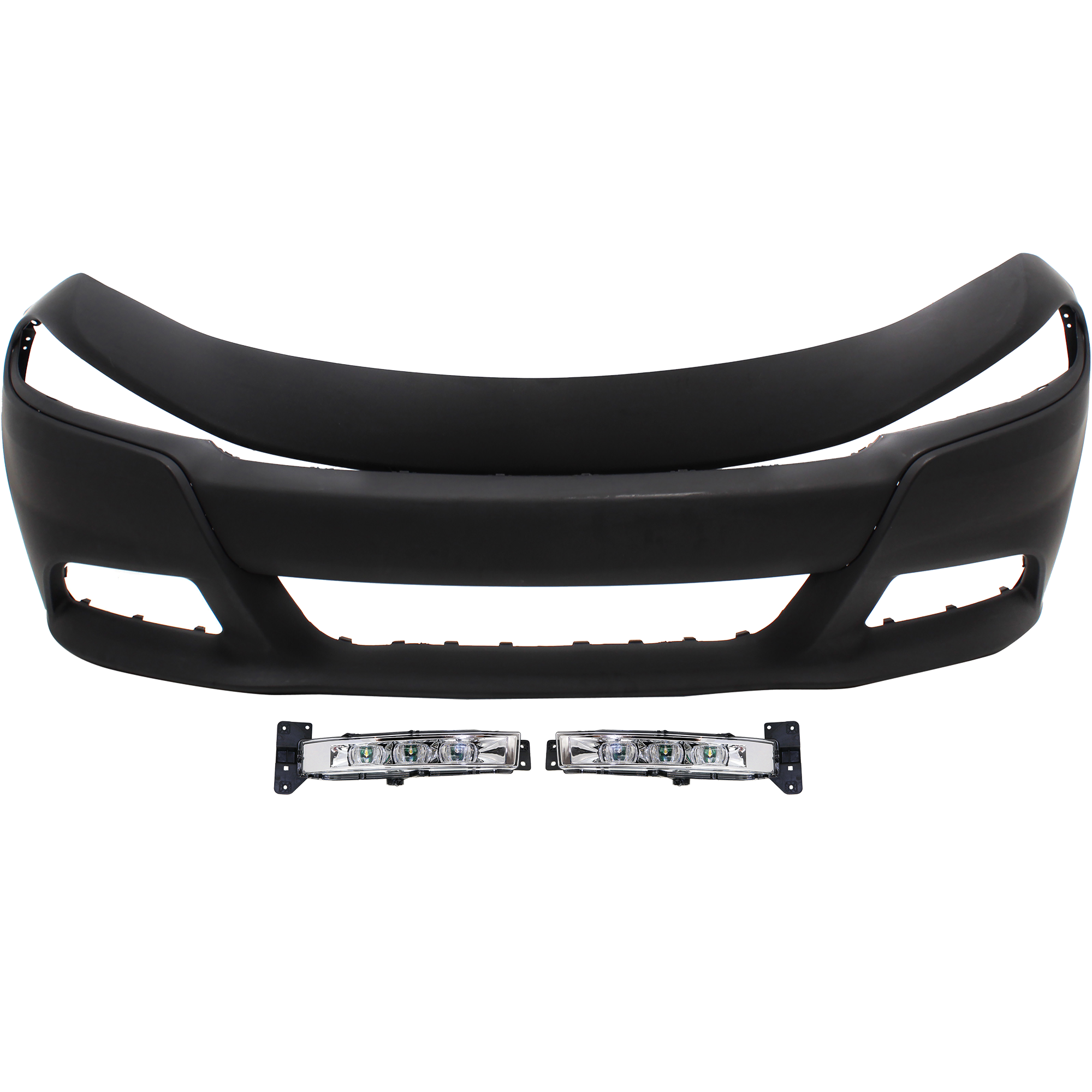 AM CHARGER 15-23 FRONT BUMPER COVER 3 pc Kit Primed with Fog Lights SKU KIT BCFL 0174 Partslink CH1000A24 CH2592151 CH2593151 OEM 68267765AC 68214427AB 68214428
