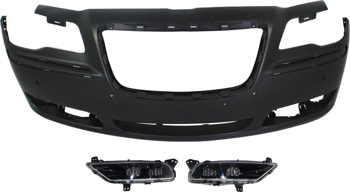 AM CHRYSLER 300-11-14 FRONT BUMPER COVER 3 pc Kit Primed Exc. SRT 8 Model w Adaptive Cruise Control w Parking Aid Sensor Holes with Fog Lights SKU KIT BCFL 0180 Partslink CH1000A01 CH2592154 CH2593154 OEM 68127939AE 68294009AA 68294008