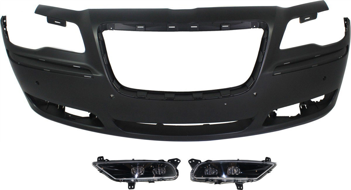 AM CHRYSLER 300-11-14 FRONT BUMPER COVER 3 pc Kit Primed Exc. SRT 8 Model w Adaptive Cruise Control w Parking Aid Sensor Holes with Fog Lights CAPA SKU KIT BCFL 0182 Partslink CH1000A01C CH2592154 CH2593154 OEM 68127939AE 68294008AA 68294009