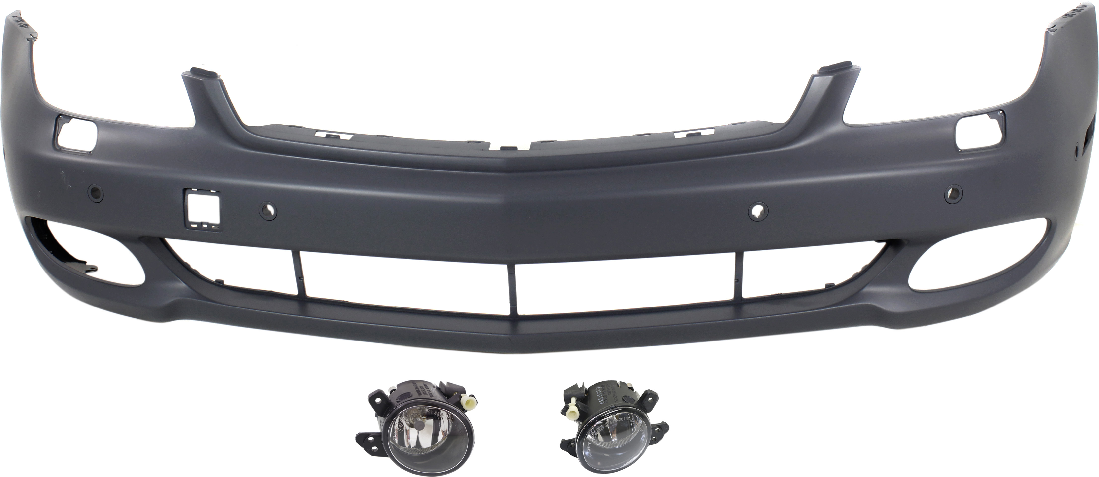 AM CLS500-06-06 CLS550-07-11 FRONT BUMPER COVER 3 pc Kit with Fog Lights SKU KIT BCFL 0213 Partslink MB1000225 MB1000317 MB2592114 MB2593114 OEM 21988007409999-2198801340-2518