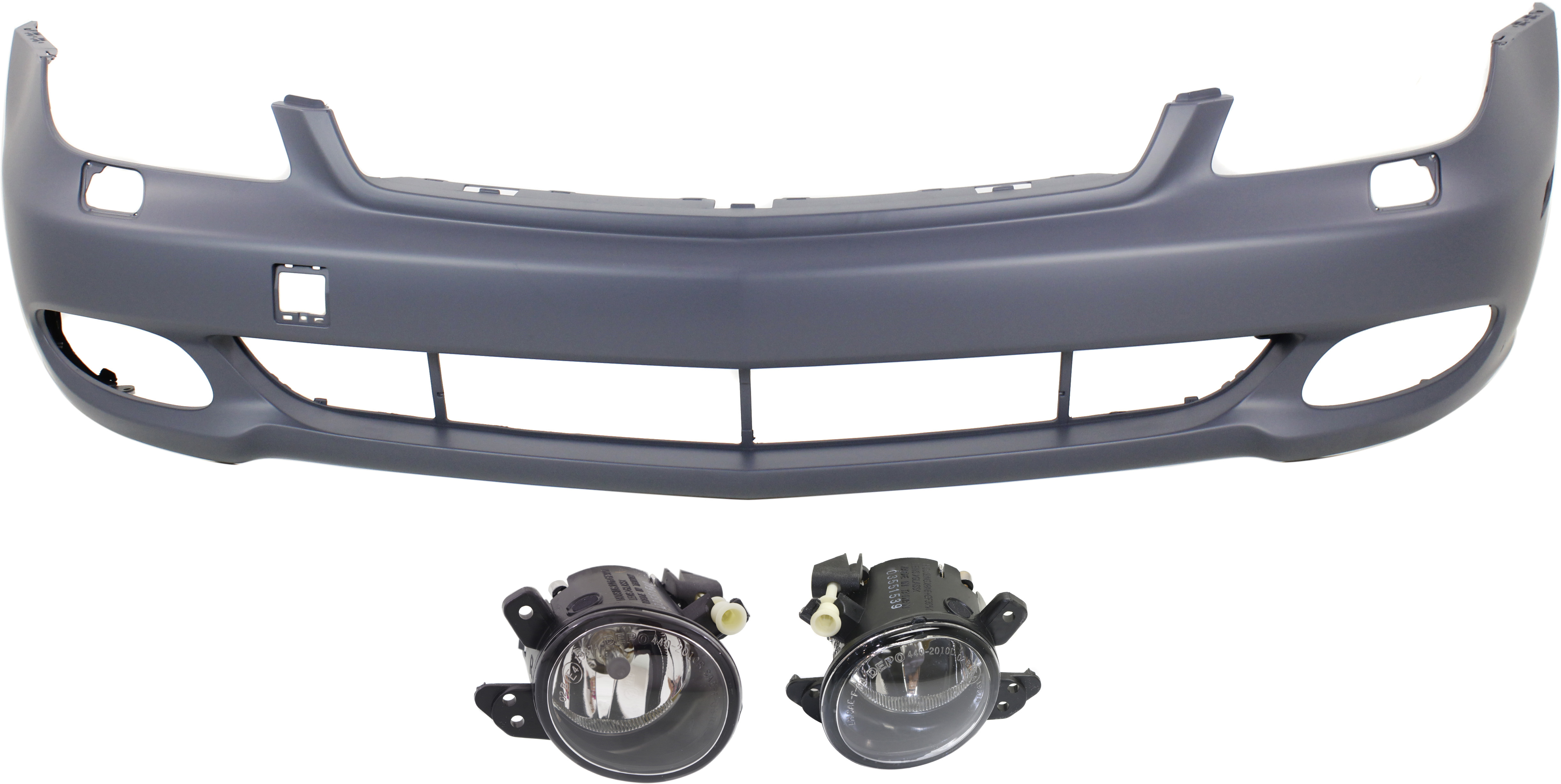 AM CLS500-06-06 CLS550-07-11 FRONT BUMPER COVER 3 pc Kit with Fog Lights SKU KIT BCFL 0214 Partslink MB1000228 MB1000322 MB2592114 MB2593114 OEM 2198800340-2198801240-25182007