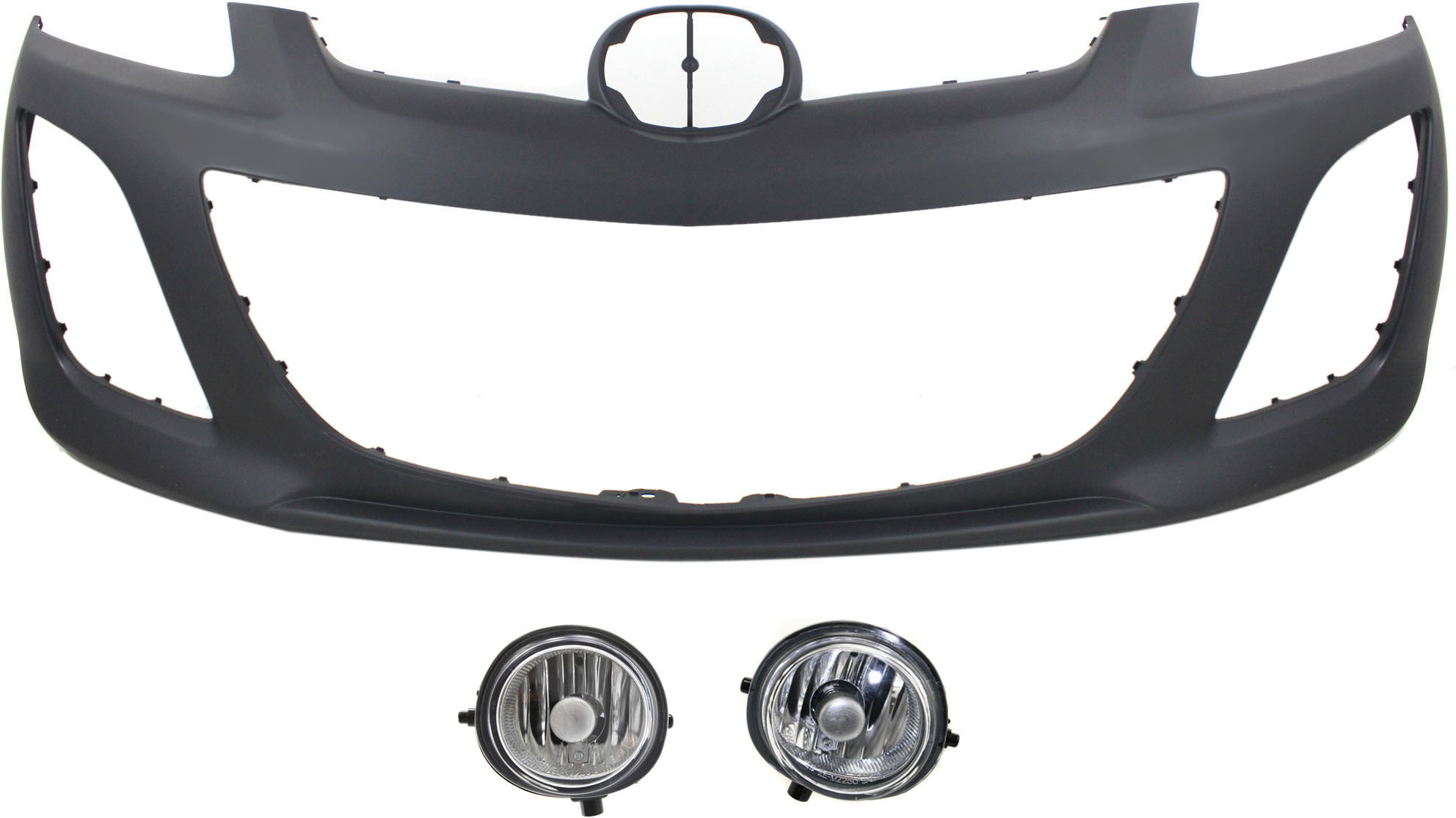 AM CX 7-10-10 FRONT BUMPER COVER 3 pc Kit with Fog Lights SKU KIT BCFL 0281 Partslink MA1000226 MA2593108 MA2592108 OEM EH4450031FBB LE4651680C LE4551