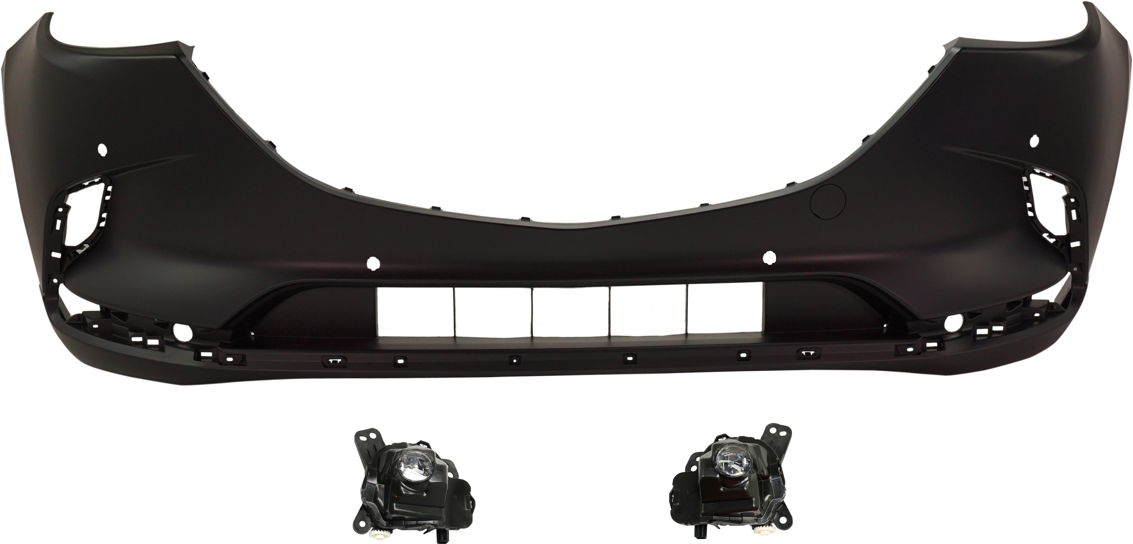 AM CX 9-18-23 FRONT BUMPER COVER 3 pc Kit Primed with Fog Lights SKU KIT BCFL 0284 Partslink MA1000251 MA2592127 MA2593127 OEM TM5550031BBB GHP951690A GHP951