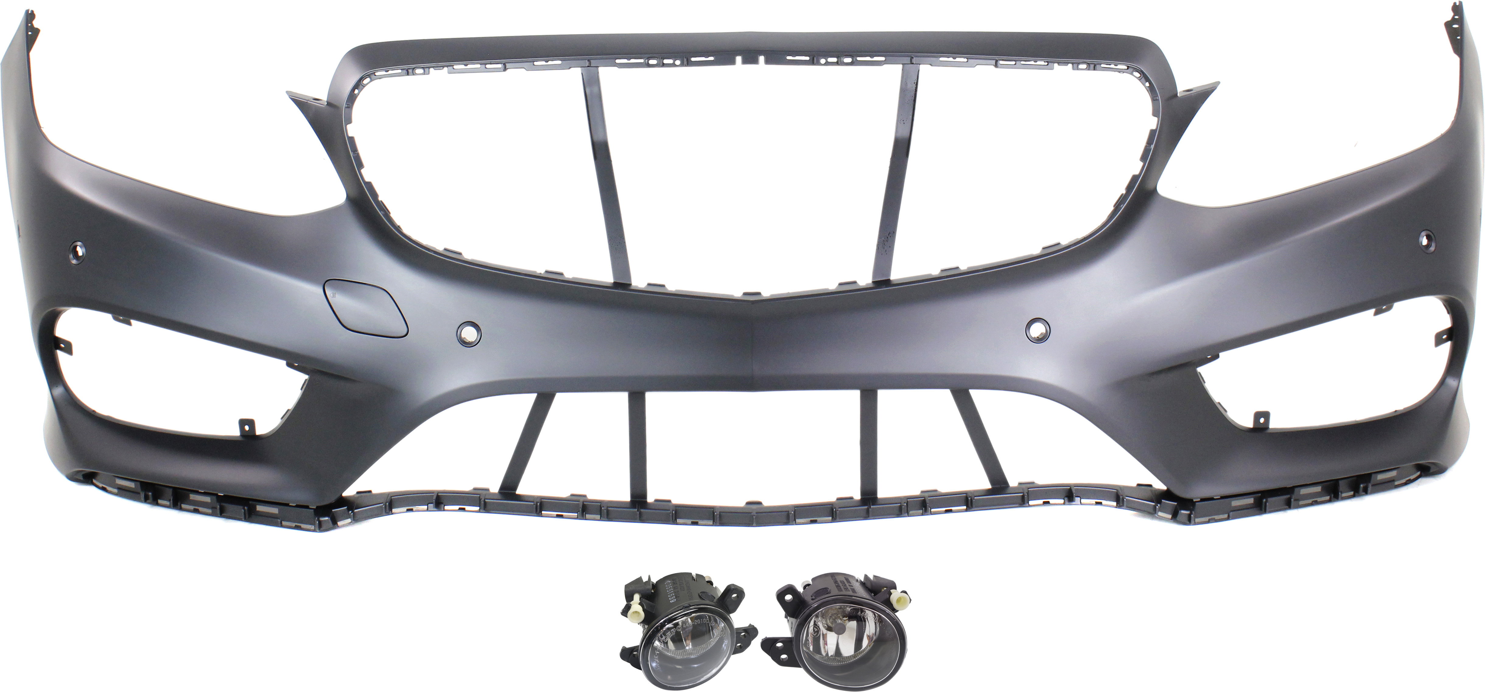 AM E CLASS 14-16 FRONT BUMPER COVER 3 pc kit with Fog Lights SKU KIT BCFL 0335 Partslink MB1000411 MB2592114 MB2593114 OEM 21288527389999-2518200756-2518