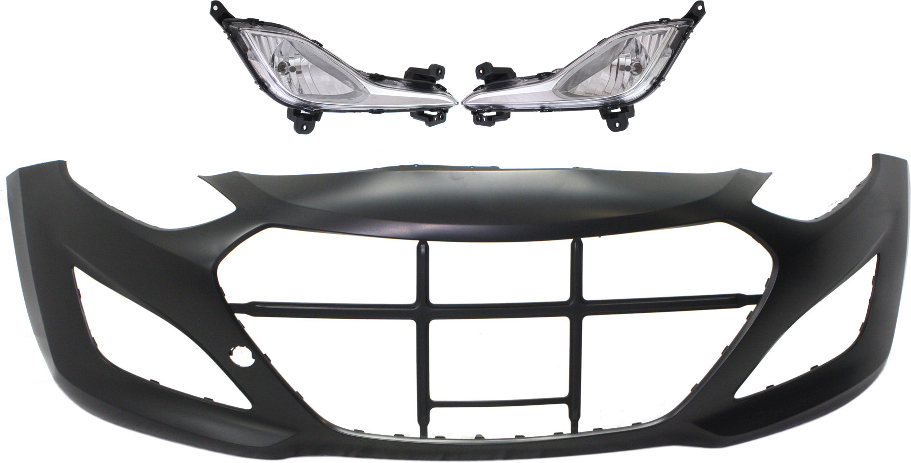 AM ELANTRA GT 13-17 FRONT BUMPER COVER 3 pc kit with Fog Lights SKU KIT BCFL 0344 Partslink HY1000196 HY2592142 HY2593142 OEM 86511A5000-92201A5010-92202A50