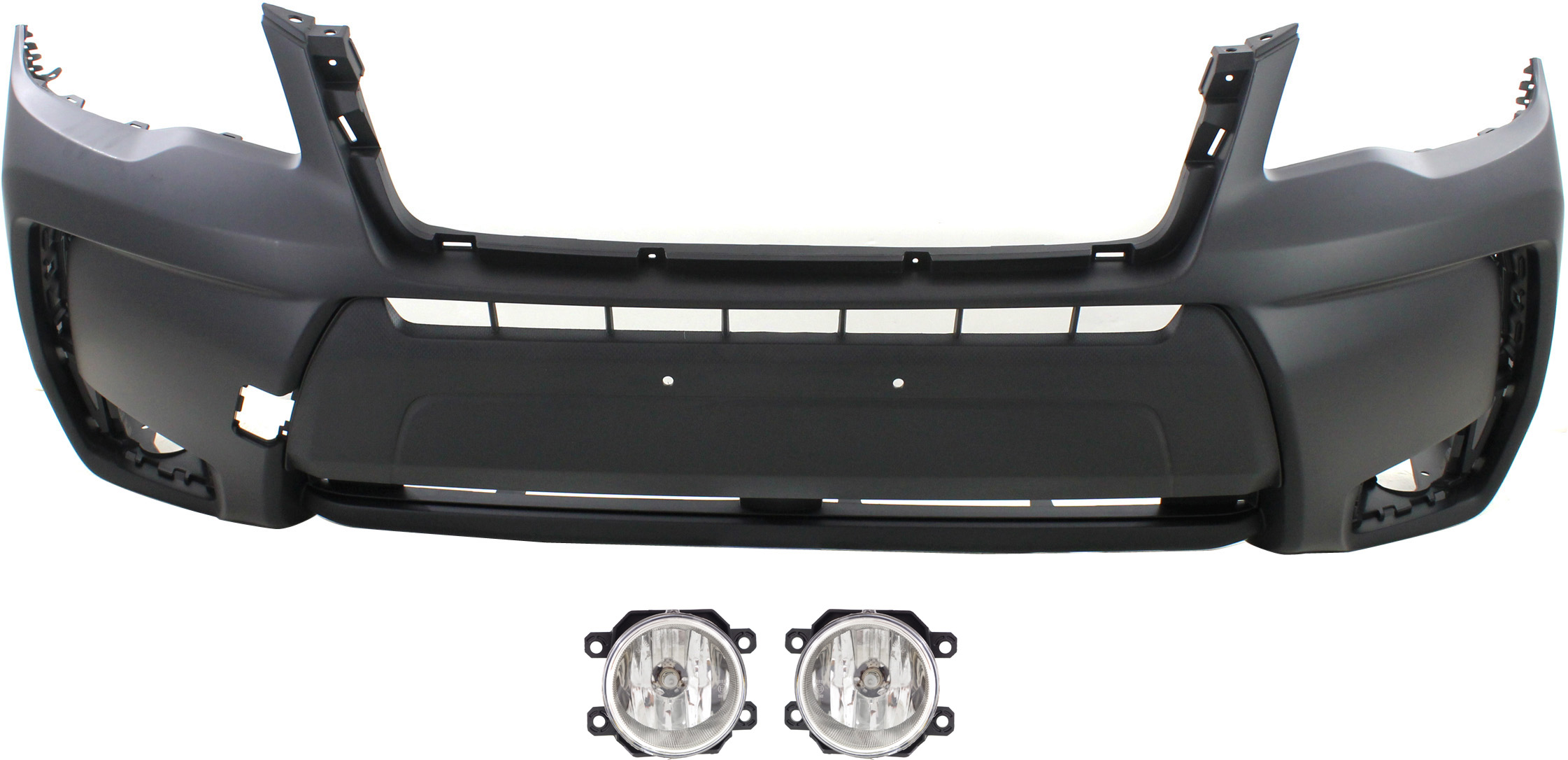 AM FORESTER 14-18 FRONT BUMPER COVER 3 pc Kit Primed with Fog Lights SKU KIT BCFL 0430 Partslink SU1000174 SU2592122C OEM 57704SG021-84501AJ060