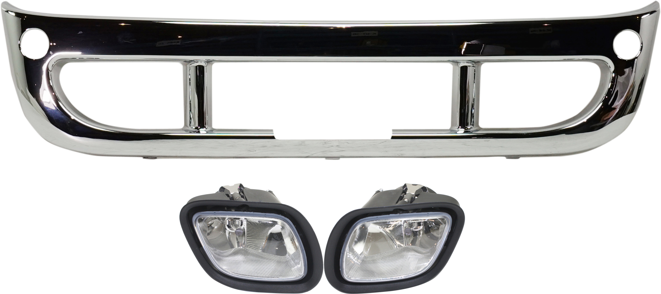 AM CASCADIA 08-17 FRONT BUMPER COVER Center Chrome 3 pc kit with Fog Lights SKU KIT BCFL 0434 Partslink FL2592102 FL2593102 OEM 2127299000 A0651908000 A065190