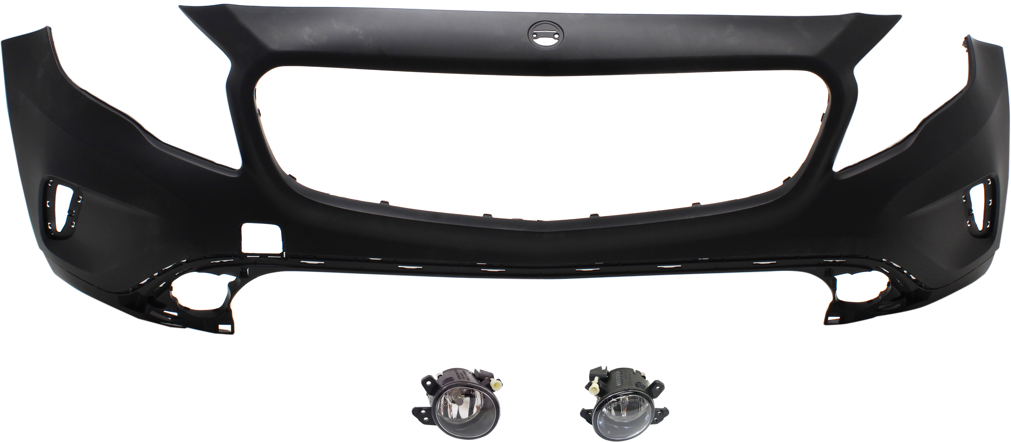 AM GLA250-15-17 FRONT BUMPER COVER Primed 3 pc kit with Fog Lights SKU KIT BCFL 0447 Partslink MB1000458 MB2592114 MB2593114 OEM 15688004409999-2518200756-2518