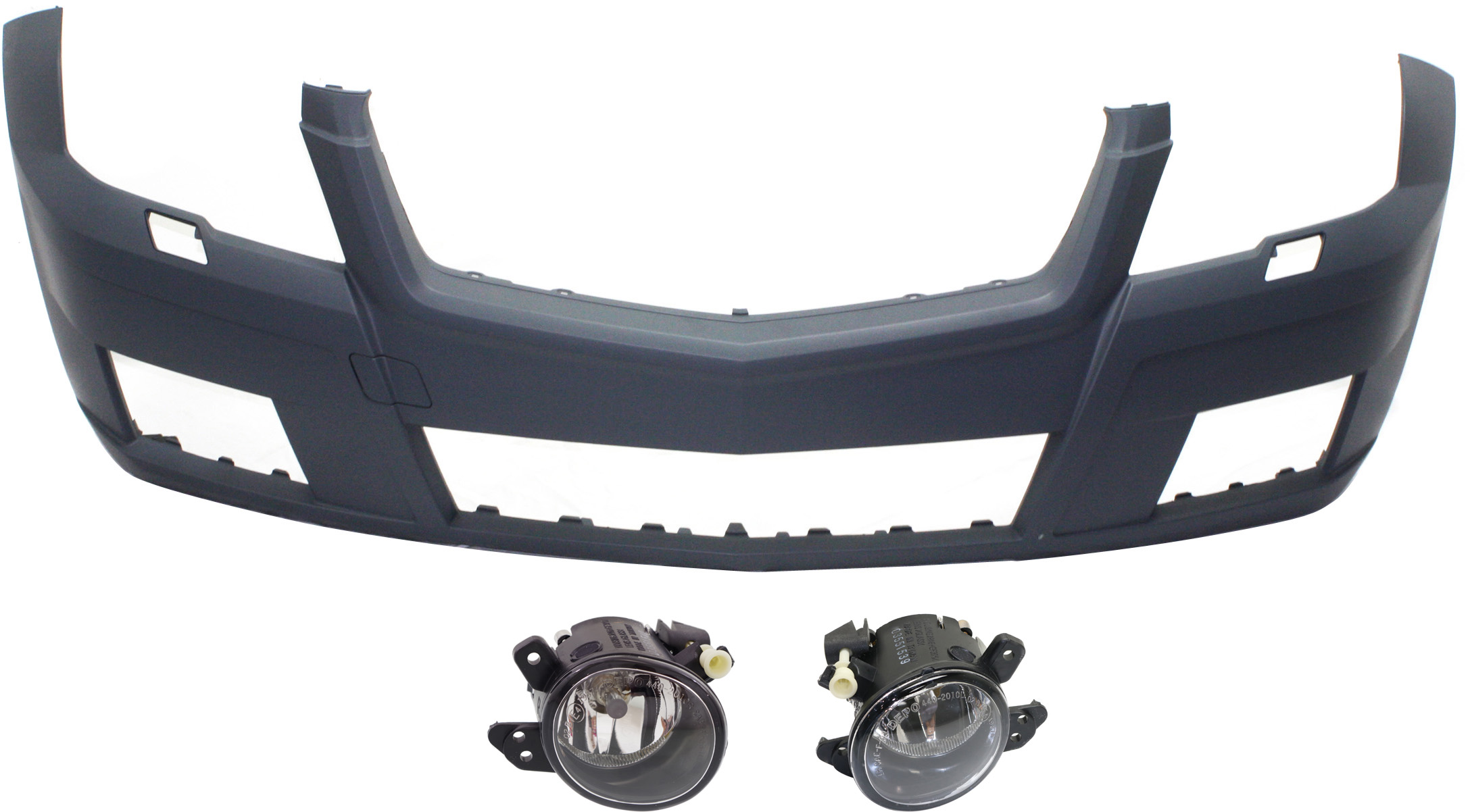 AM GLK350-10-12 FRONT BUMPER COVER Primed 3 pc kit with Fog Lights SKU KIT BCFL 0466 Partslink MB1000365 MB2592114 MB2593114 OEM 2048804440-2518200756-25182008